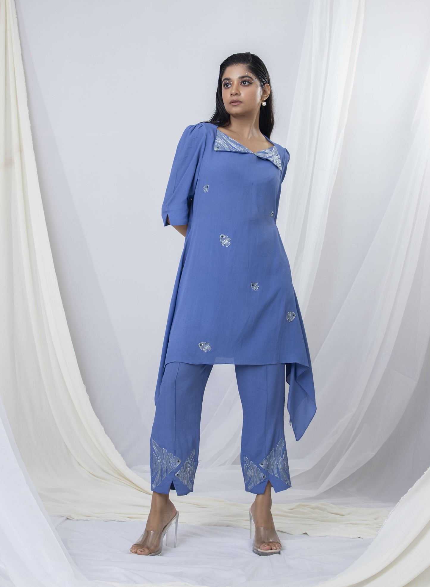 Diamond Neck Flap Collar Placement Embroidery Co-ord Set - Arimi - House Of Design