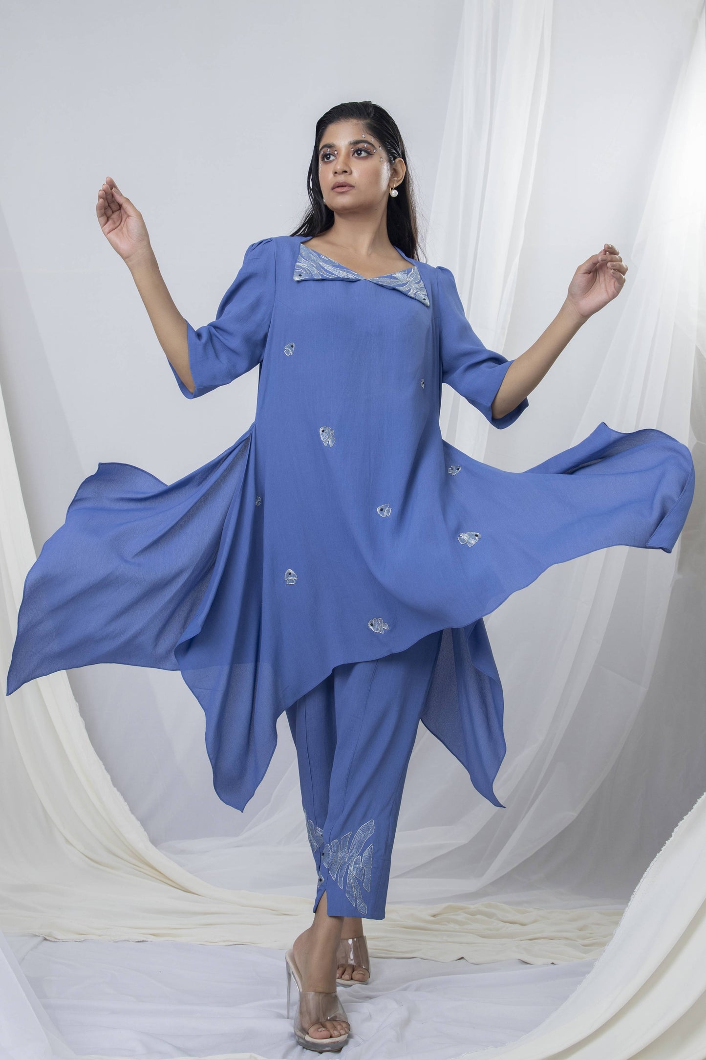 Diamond Neck Flap Collar Placement Embroidery Co-ord Set - Arimi - House Of Design