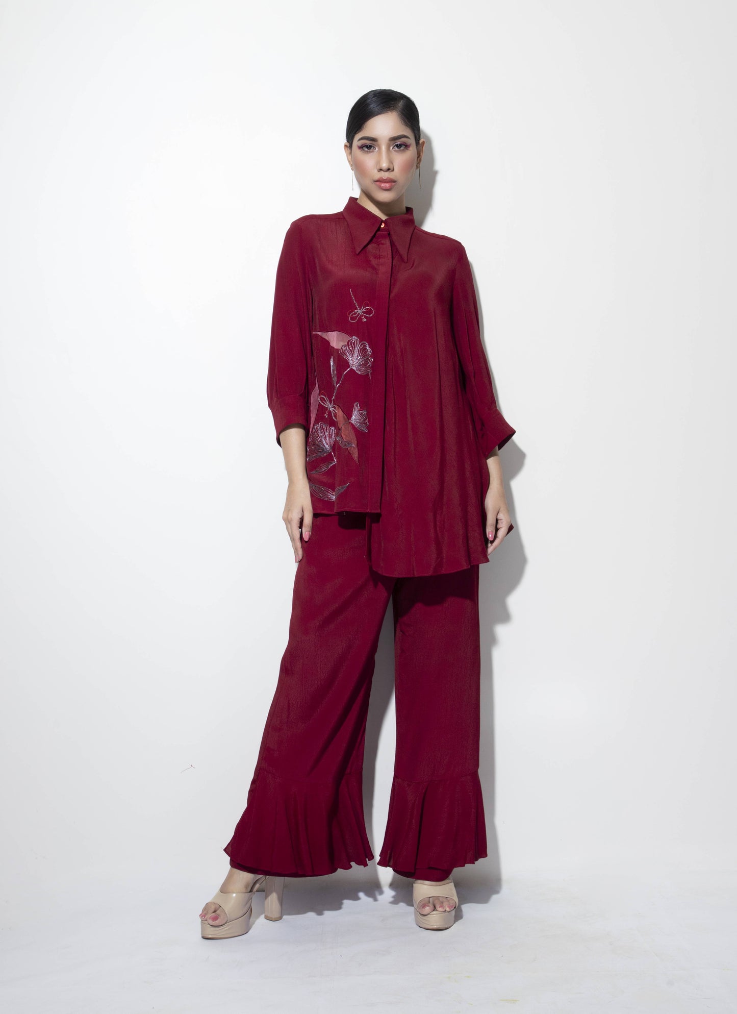 Asymmetric Bias Shirt with Dragon-fly Embellishment paired with Frilled Trousers - Arimi - House Of Design