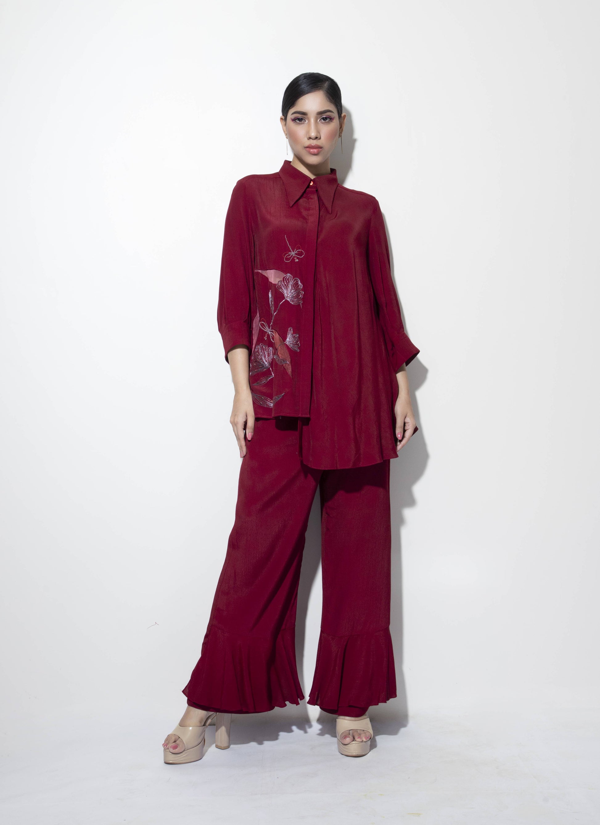 Asymmetric Bias Shirt with Dragon-fly Embellishment paired with Frilled Trousers - Arimi - House Of Design