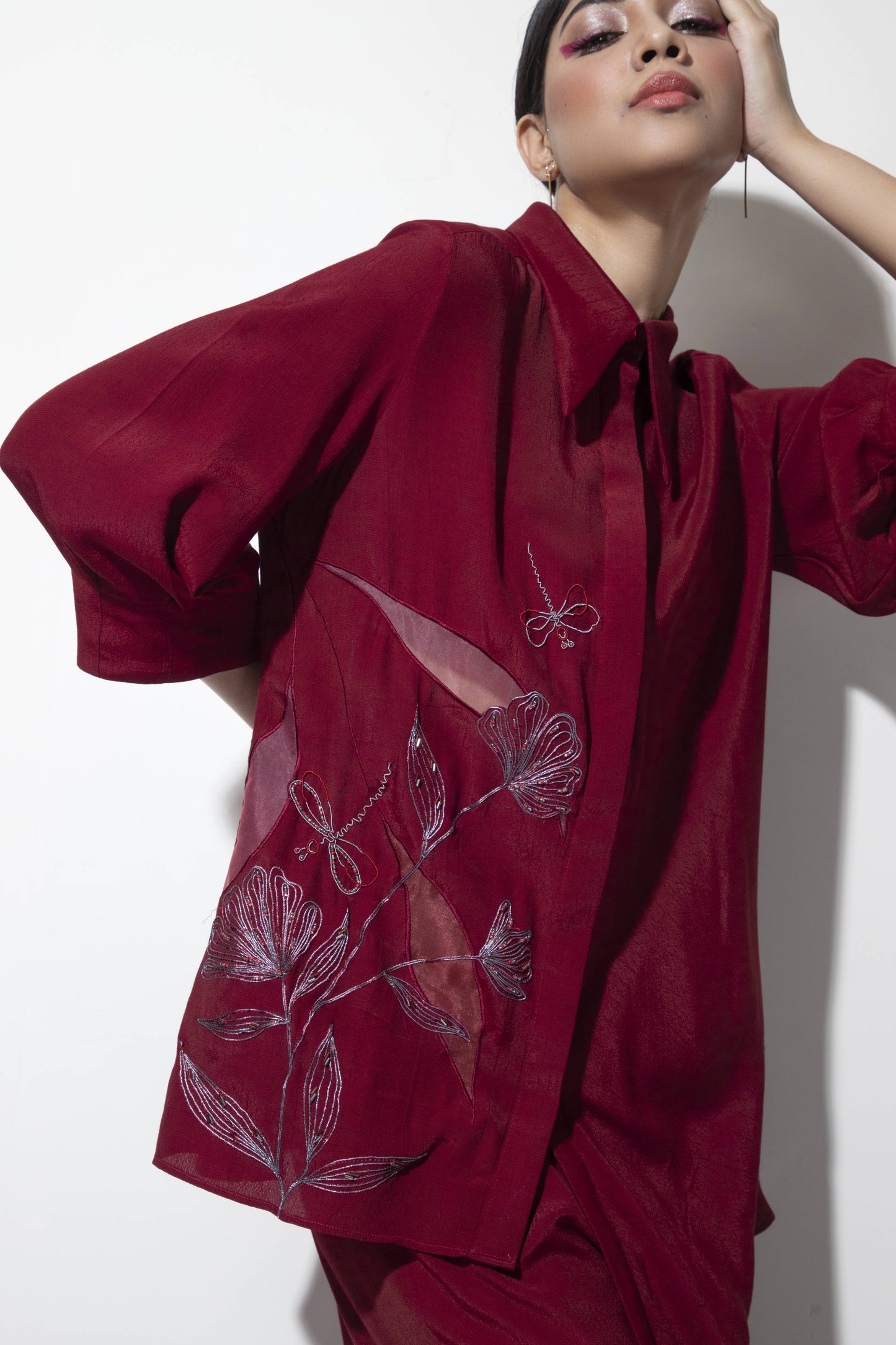 Asymmetric Bias Shirt with Dragon-fly Embellishment paired with Frilled Trousers - Arimi - House Of Design