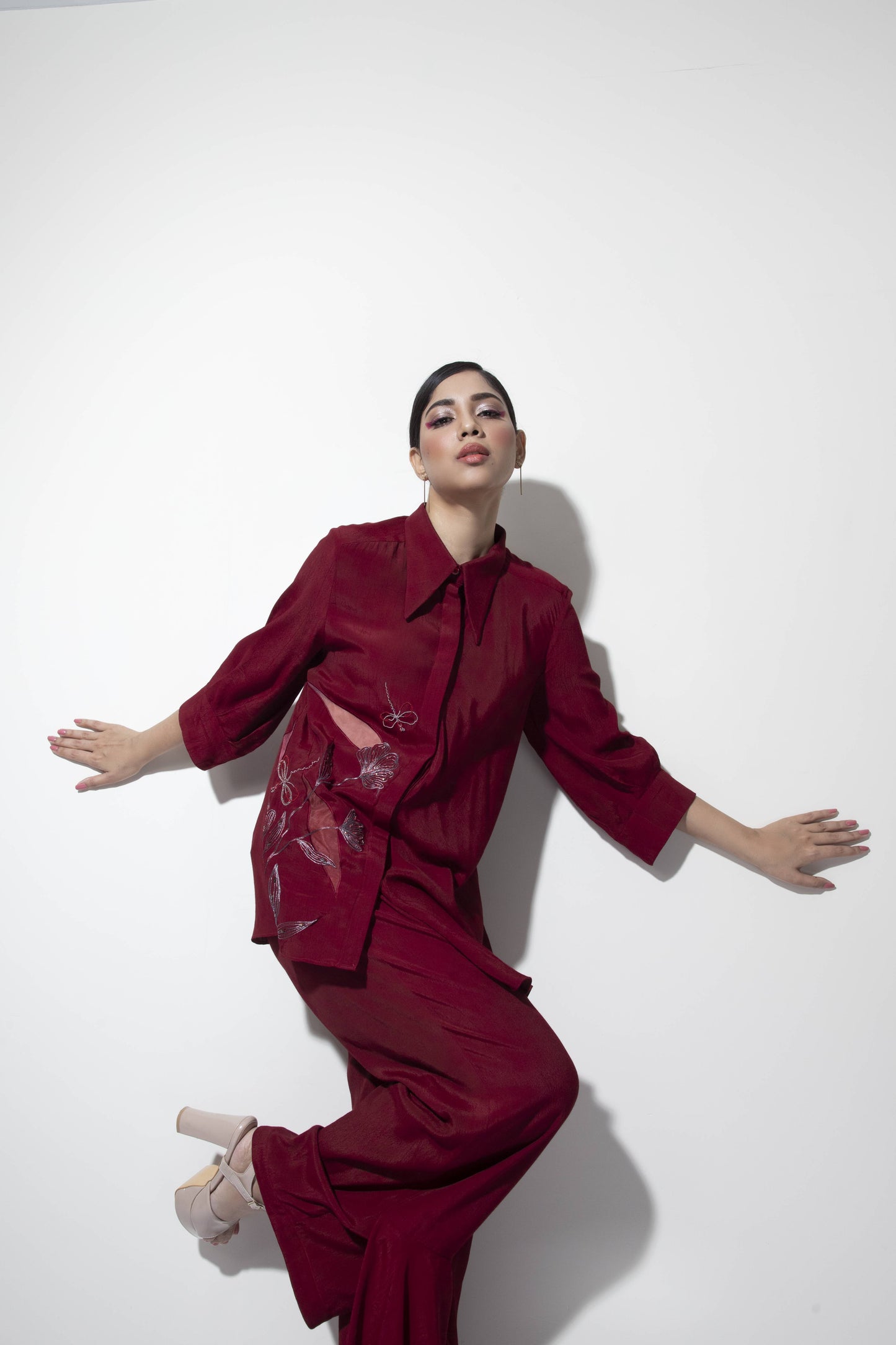 Asymmetric Bias Shirt with Dragon-fly Embellishment paired with Frilled Trousers - Arimi - House Of Design