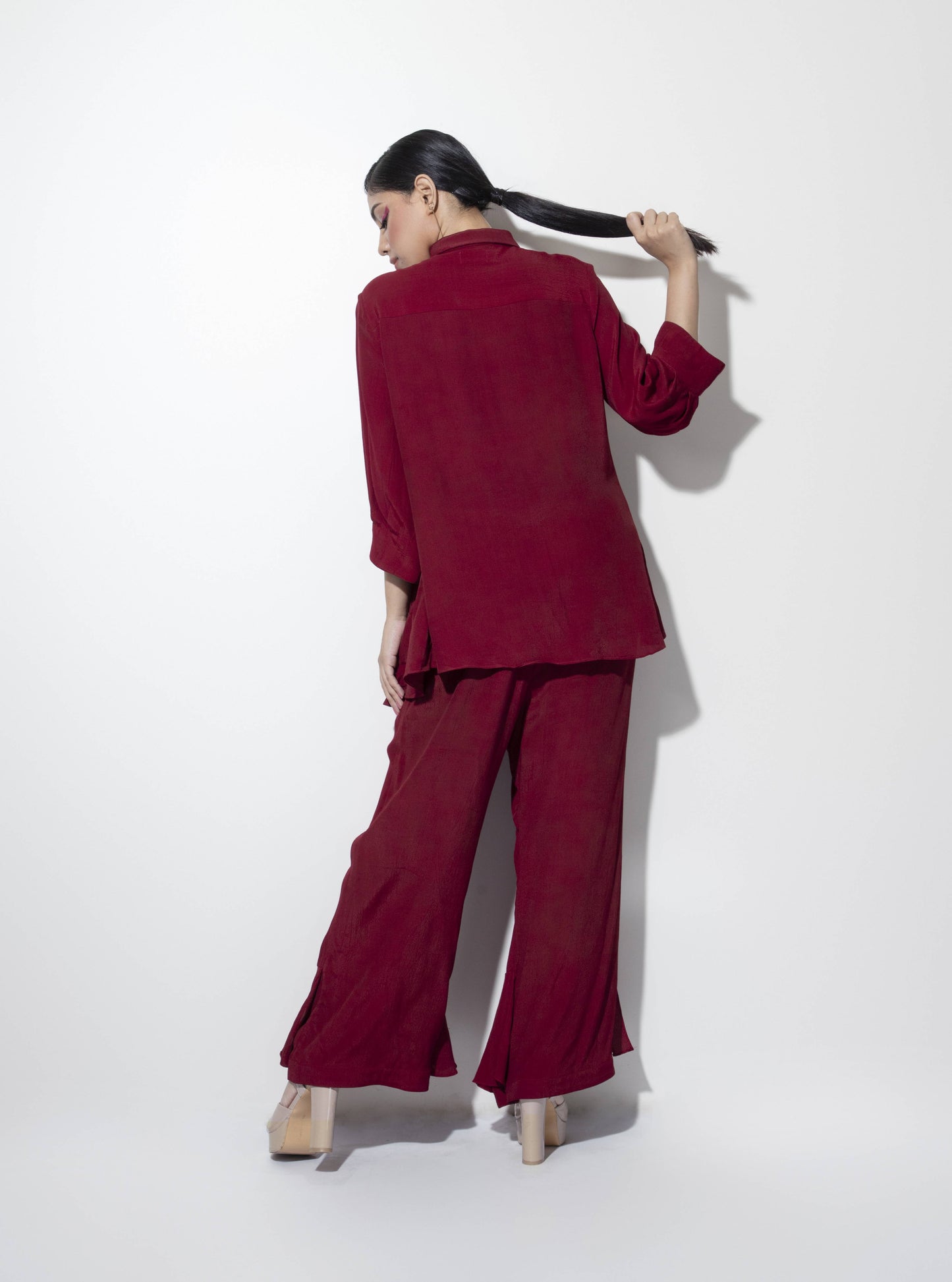 Asymmetric Bias Shirt with Dragon-fly Embellishment paired with Frilled Trousers - Arimi - House Of Design