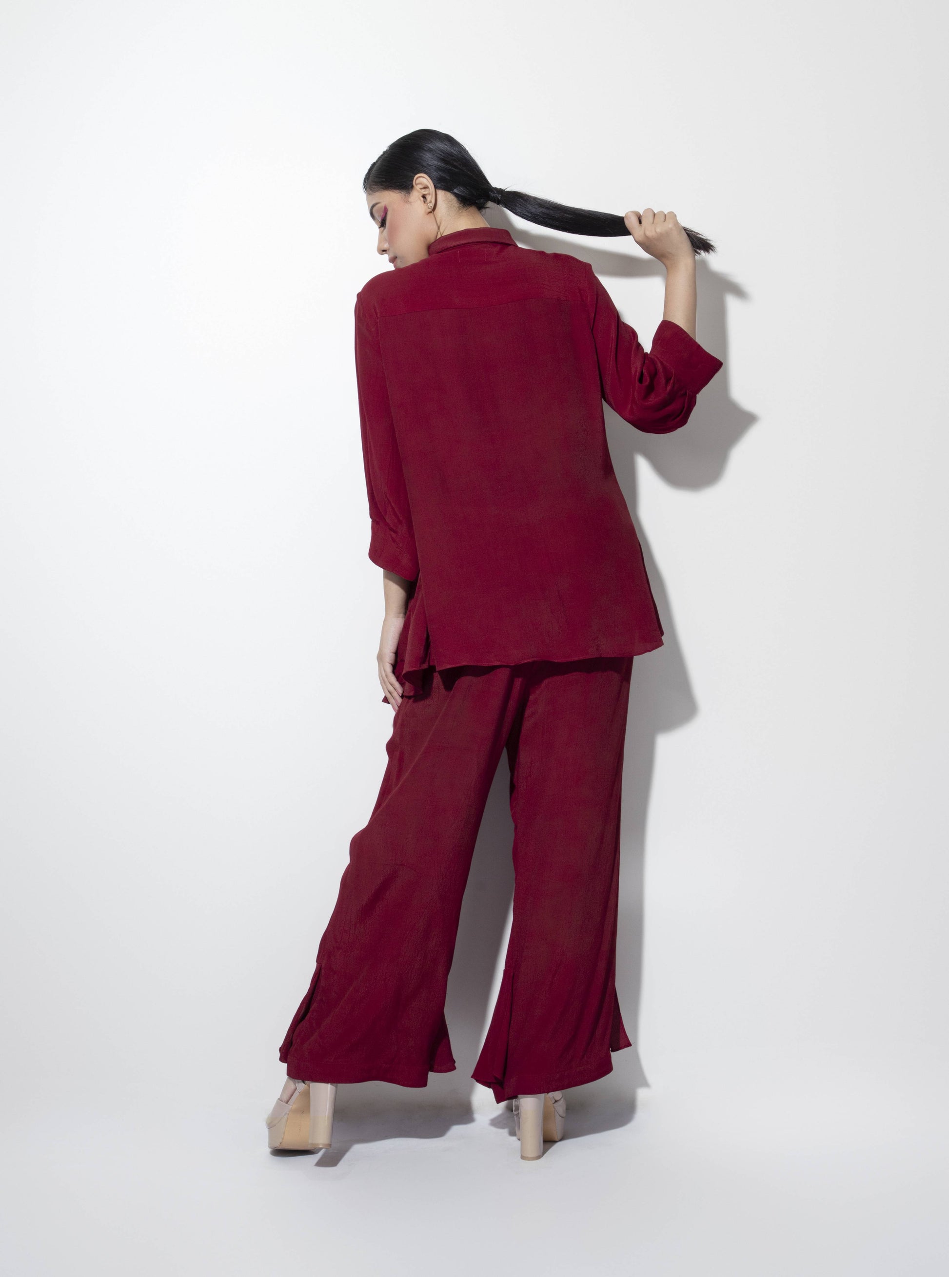 Asymmetric Bias Shirt with Dragon-fly Embellishment paired with Frilled Trousers - Arimi - House Of Design