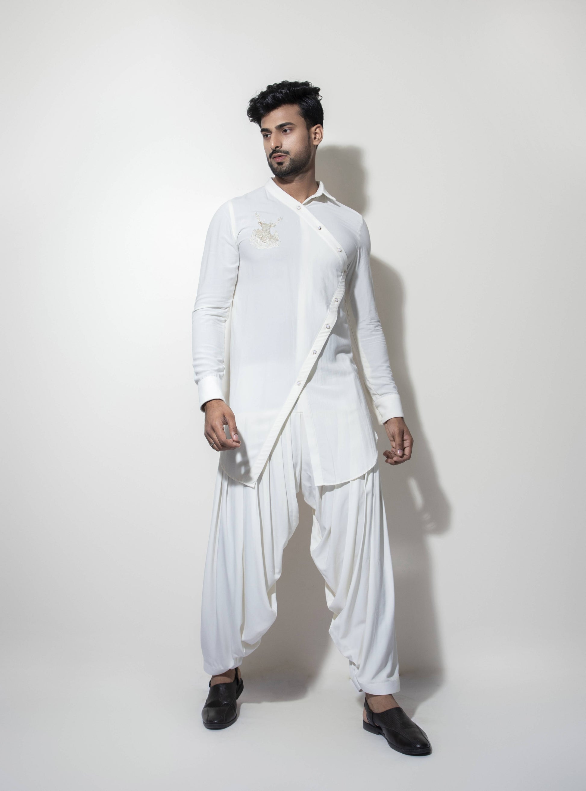 Asymmetric One Collar Kurta Set with Patch Embroidery Detail - Arimi - House Of Design