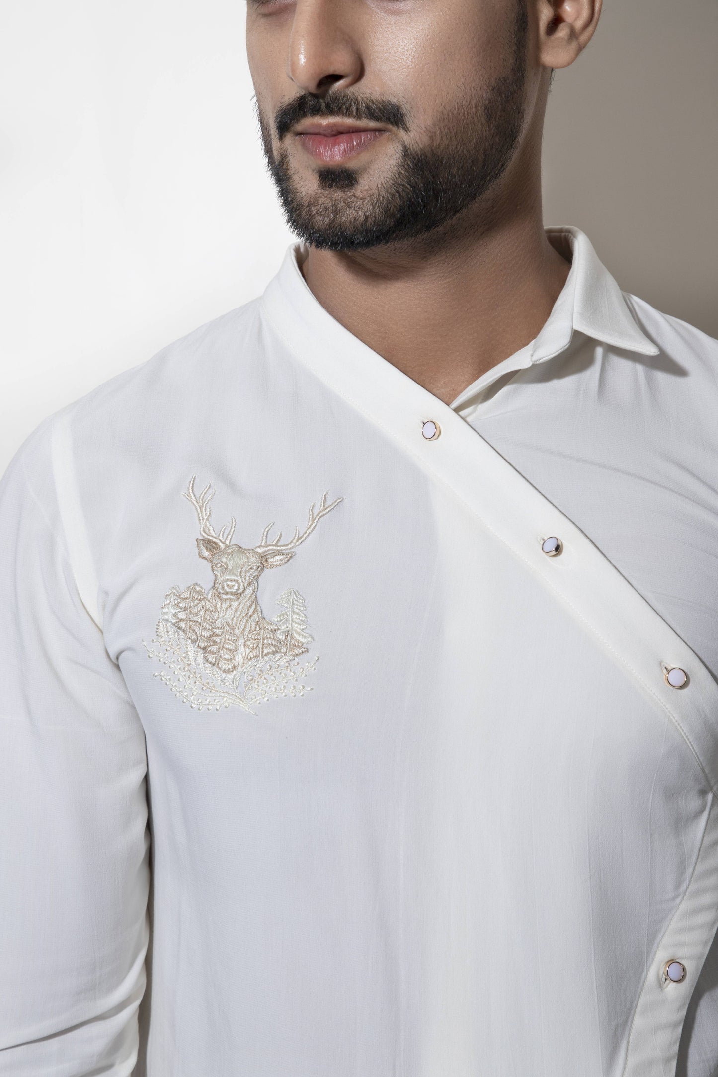 Asymmetric One Collar Kurta Set with Patch Embroidery Detail - Arimi - House Of Design