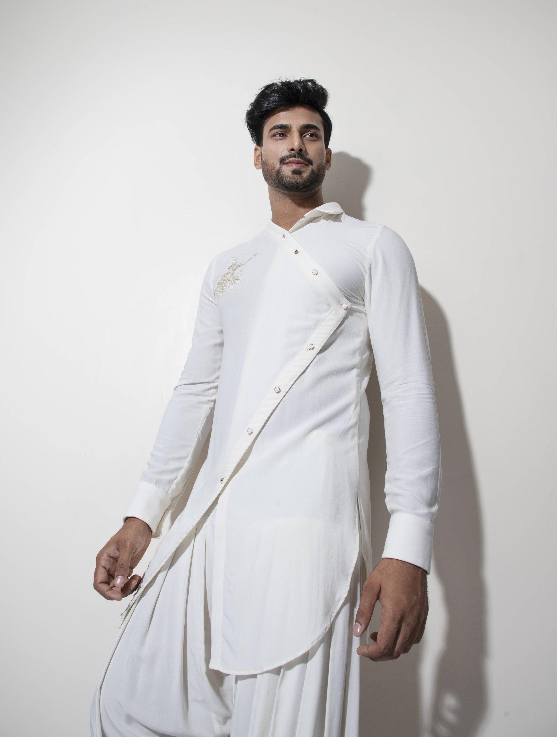 Asymmetric One Collar Kurta Set with Patch Embroidery Detail - Arimi - House Of Design