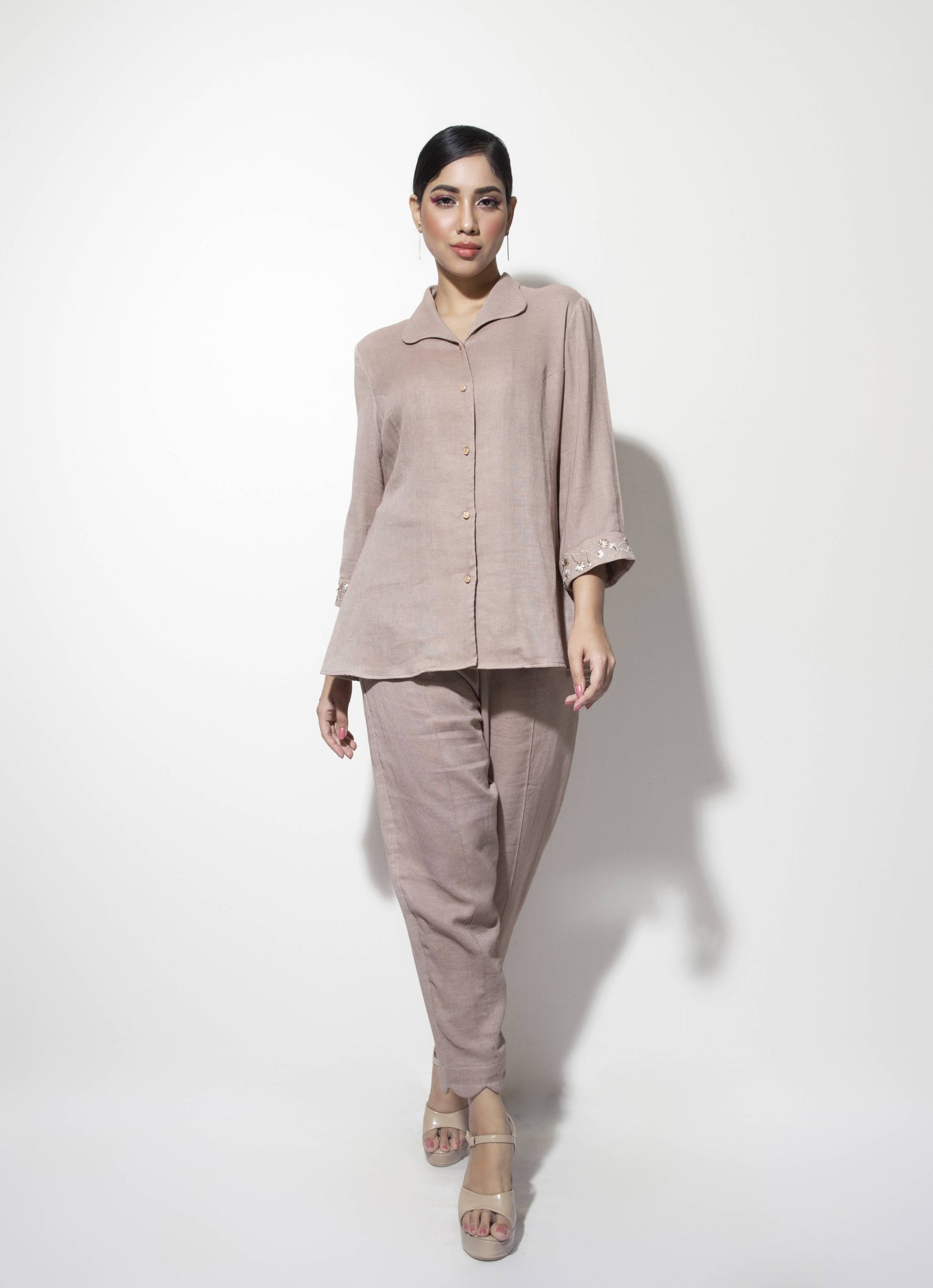 Floral Embroidered Curvilinear Collar Co-ord Set - Arimi - House Of Design