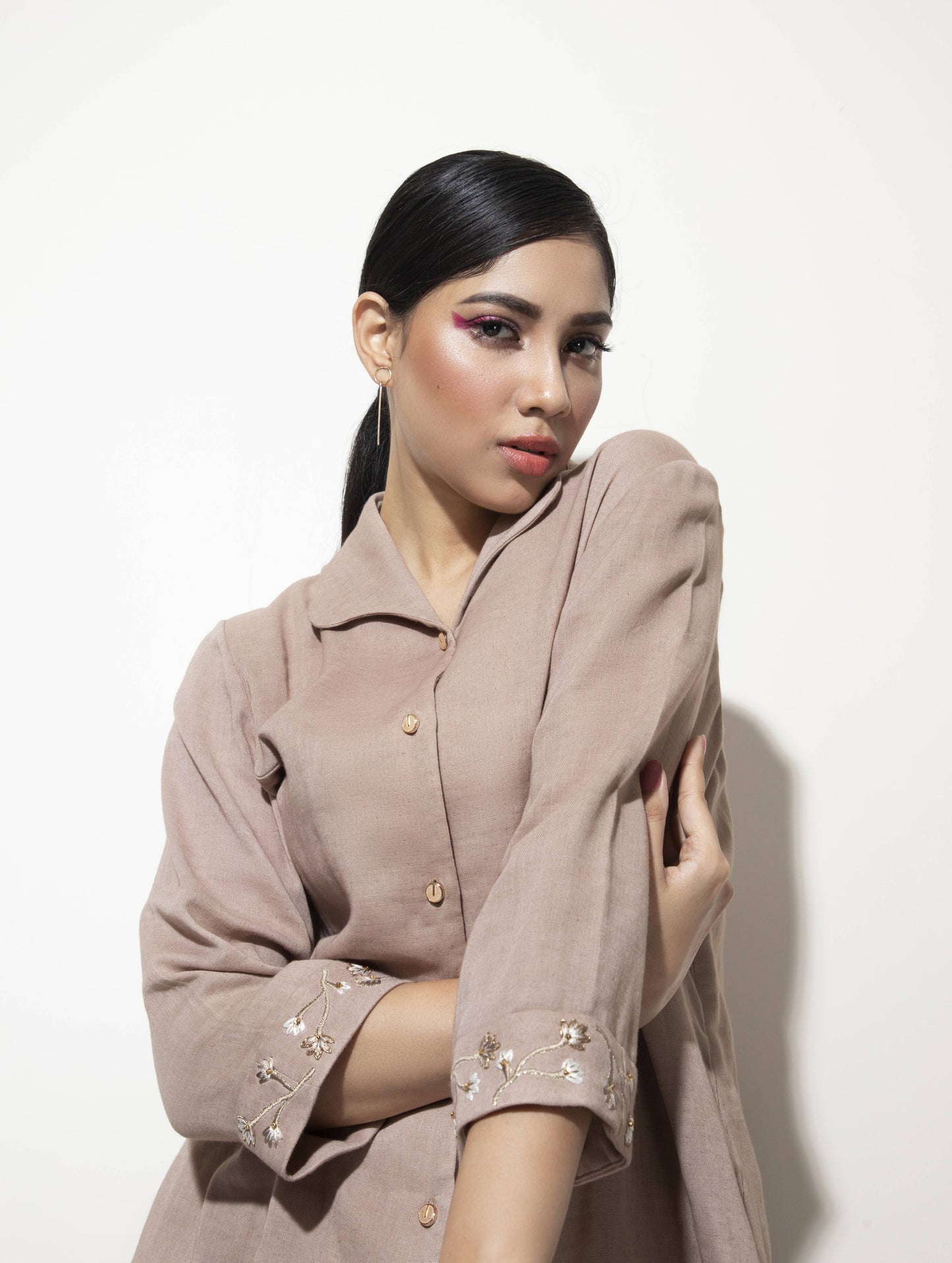 Floral Embroidered Curvilinear Collar Co-ord Set - Arimi - House Of Design