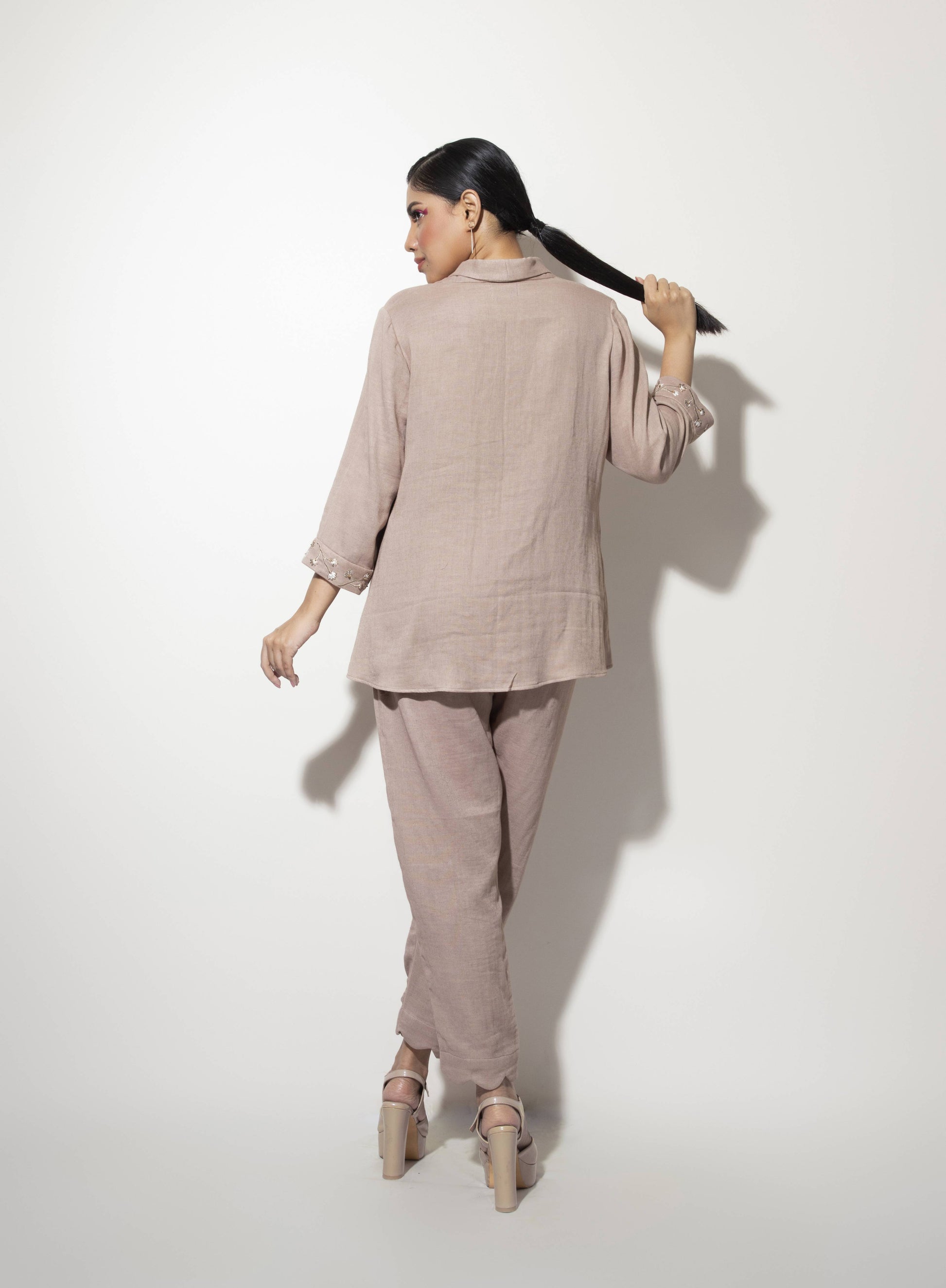 Floral Embroidered Curvilinear Collar Co-ord Set - Arimi - House Of Design