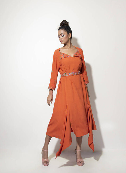 Diamond Neck Detail Long Dress with Handkerchief Hem - Arimi - House Of Design