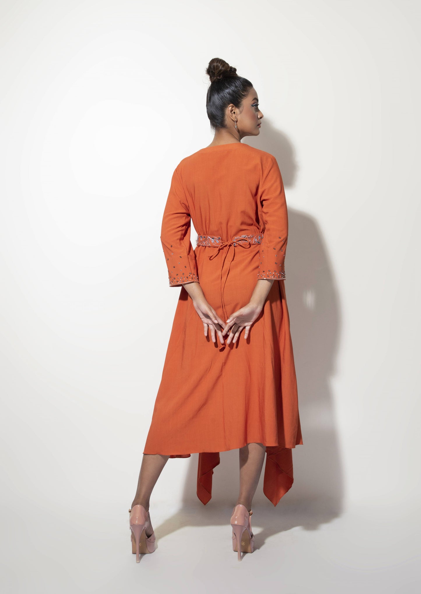 Diamond Neck Detail Long Dress with Handkerchief Hem - Arimi - House Of Design