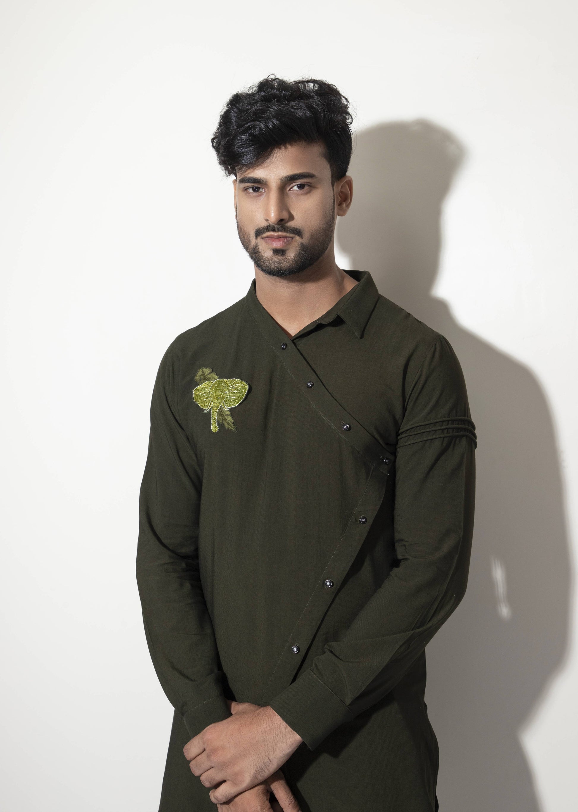 Asymmetric One Collar Kurta with Patch Embroidery &  Sleeve  Detail - Arimi - House Of Design