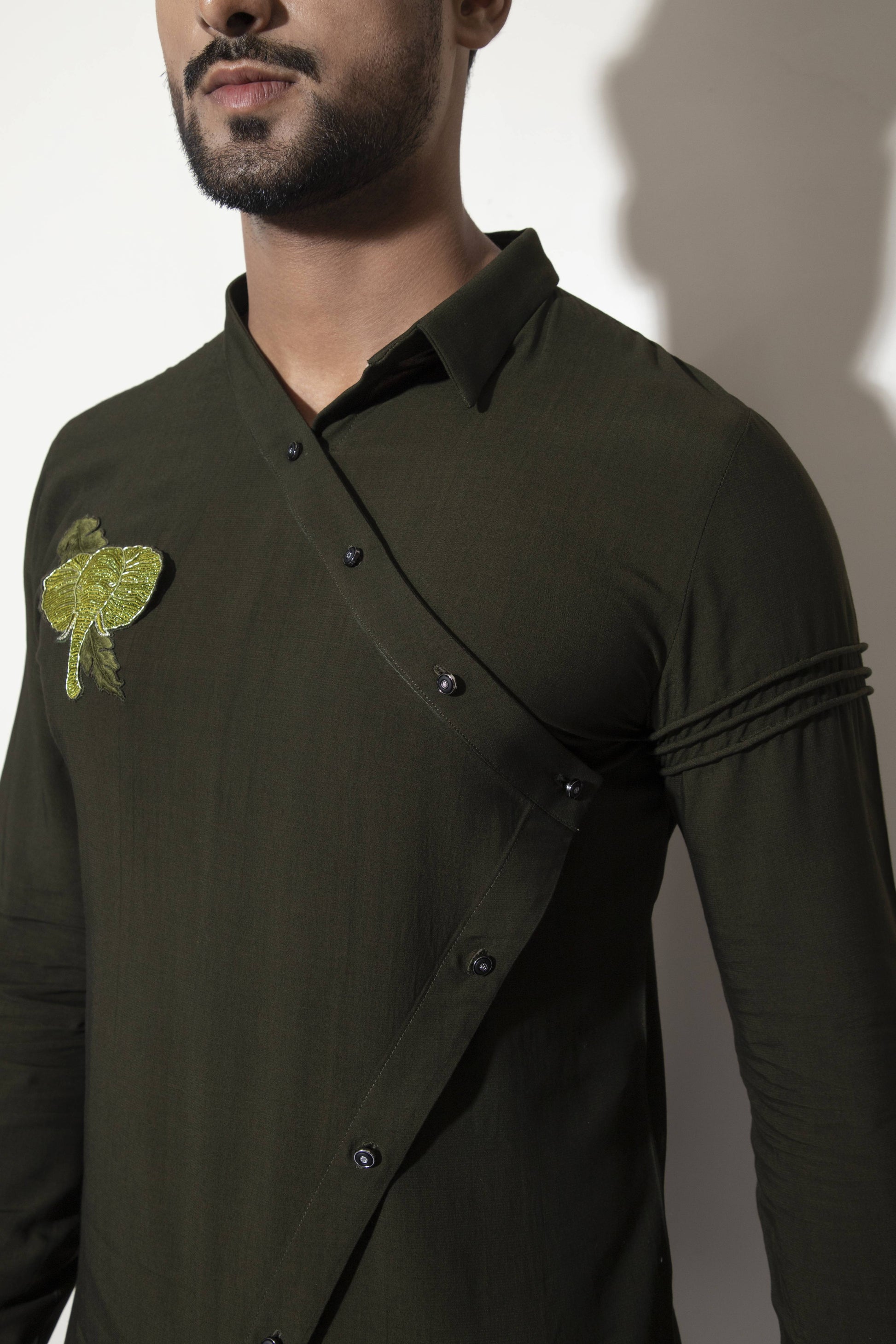 Asymmetric One Collar Kurta with Patch Embroidery &  Sleeve  Detail - Arimi - House Of Design