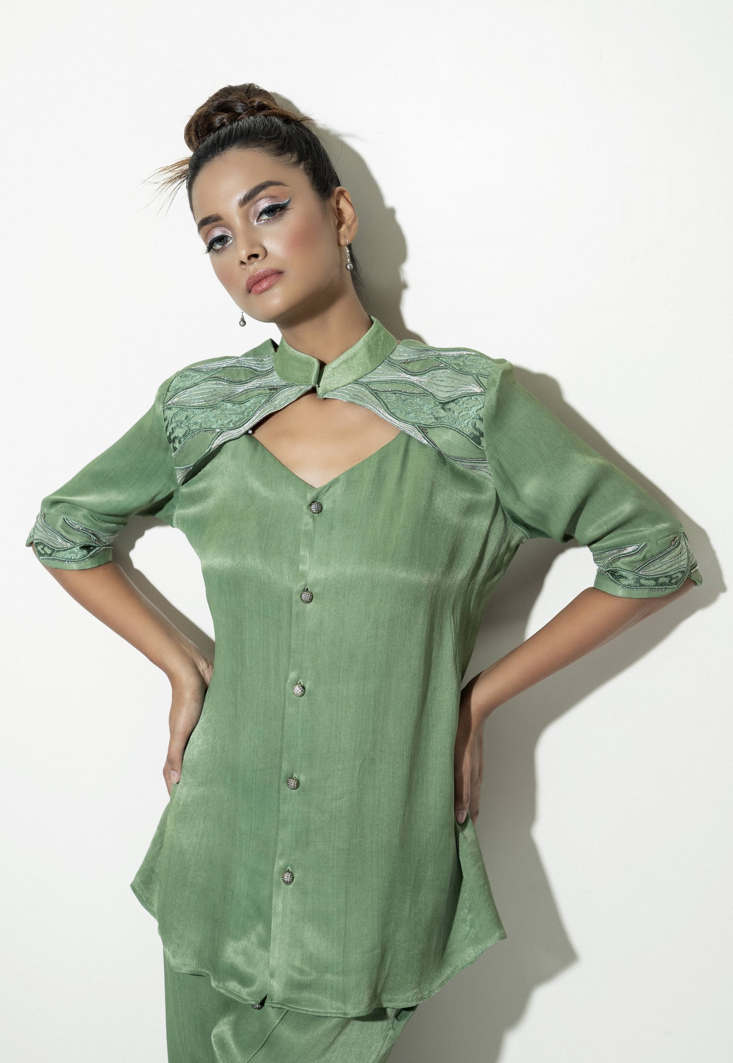 V-Neck Hanging Collar Embroidered Co-ord Set - Arimi - House Of Design