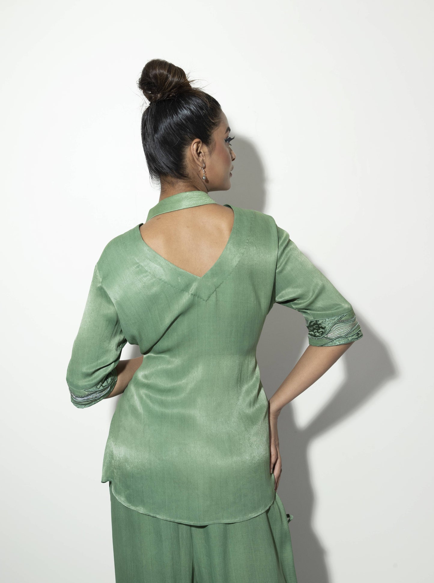 V-Neck Hanging Collar Embroidered Co-ord Set - Arimi - House Of Design