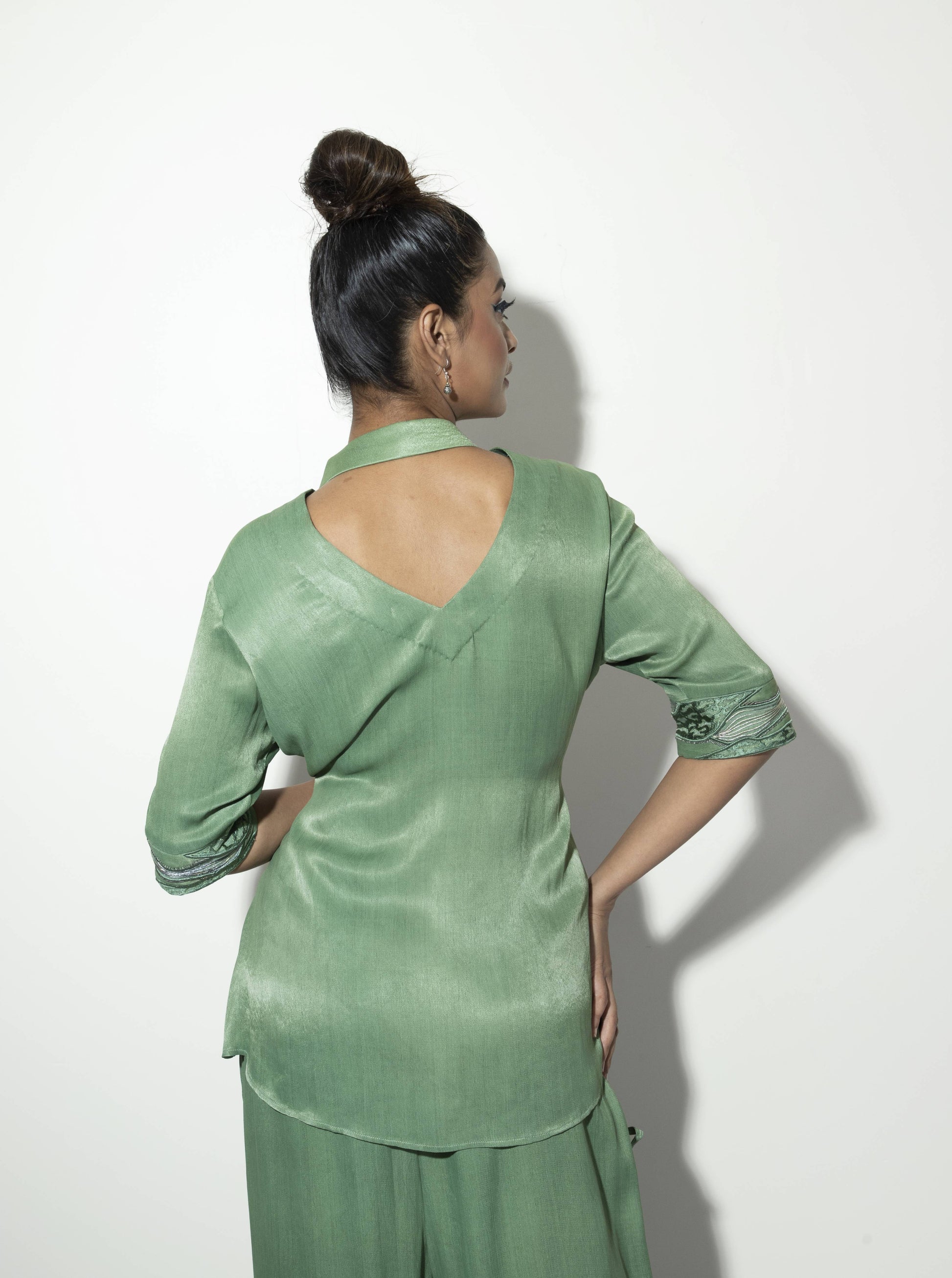 V-Neck Hanging Collar Embroidered Co-ord Set - Arimi - House Of Design