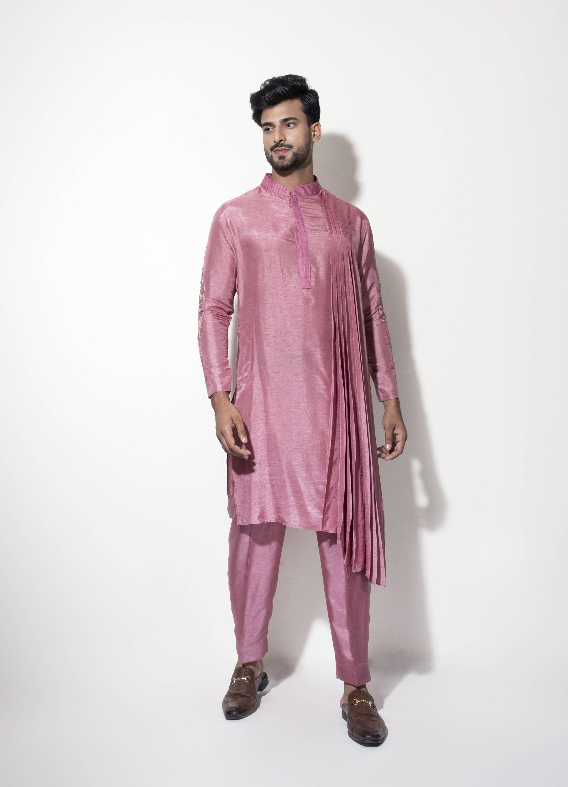 Asymmetric Pleated Kurta Set with Embroidery Detail - Arimi - House Of Design