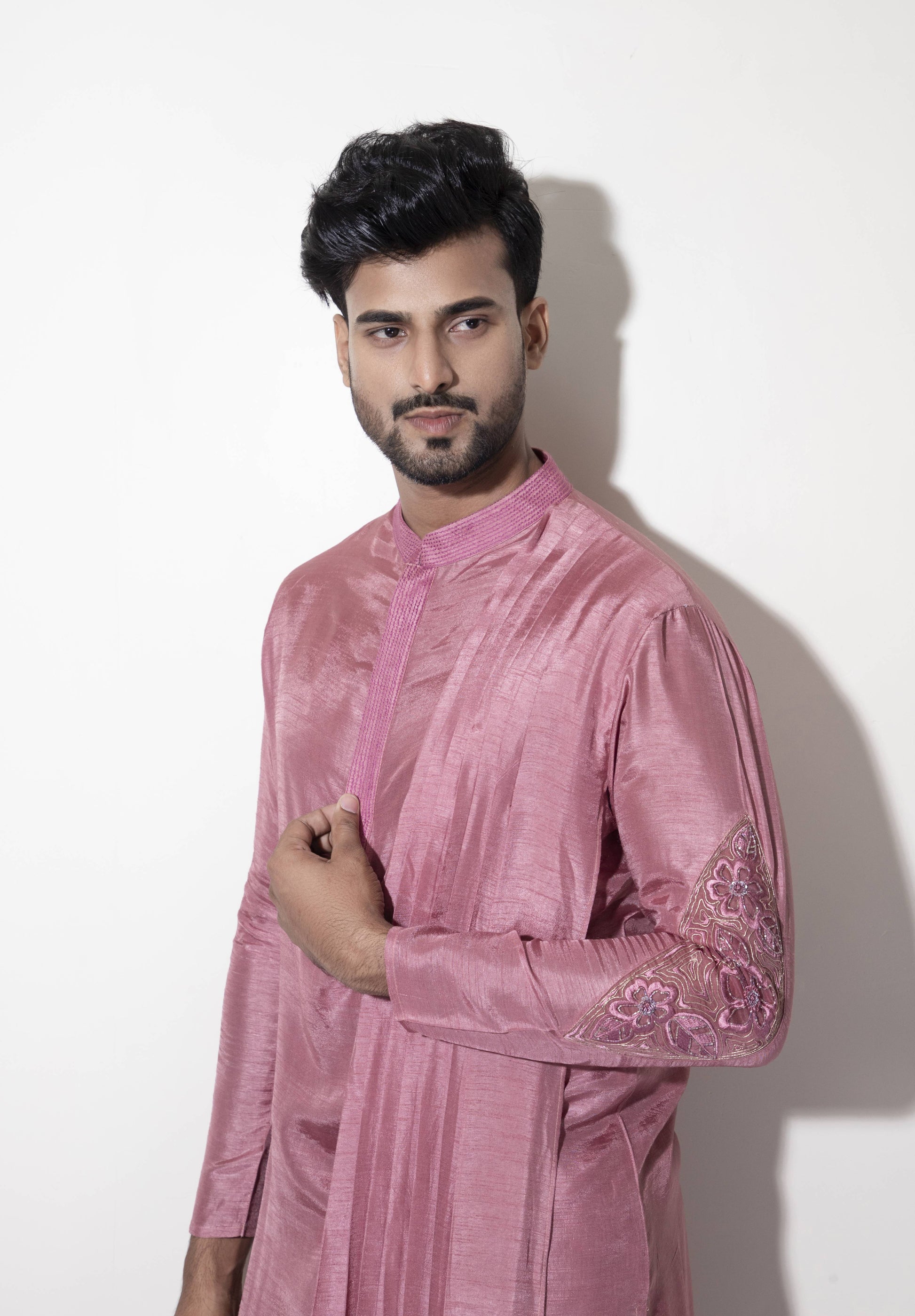 Asymmetric Pleated Kurta Set with Embroidery Detail - Arimi - House Of Design