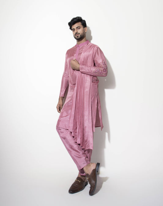 Asymmetric Pleated Kurta Set with Embroidery Detail - Arimi - House Of Design