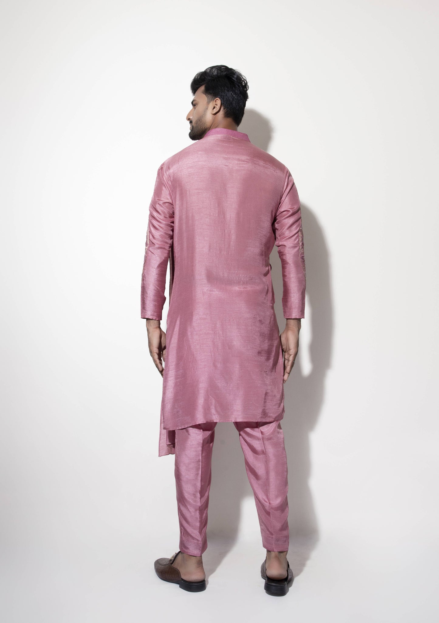 Asymmetric Pleated Kurta Set with Embroidery Detail - Arimi - House Of Design