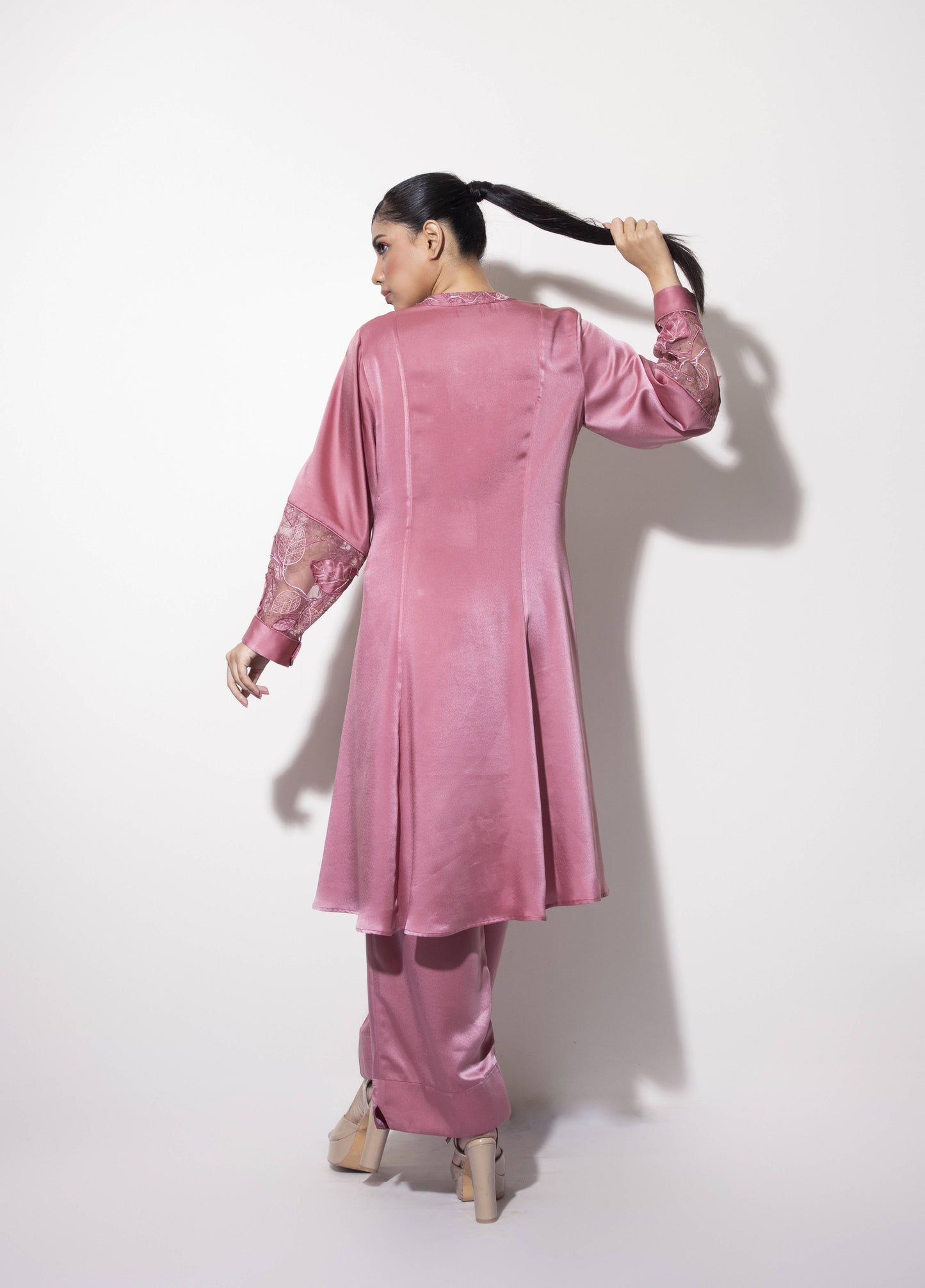 Lantern Sleeve Embroidered Panelled Kurta paired with Wide Trousers - Arimi - House Of Design