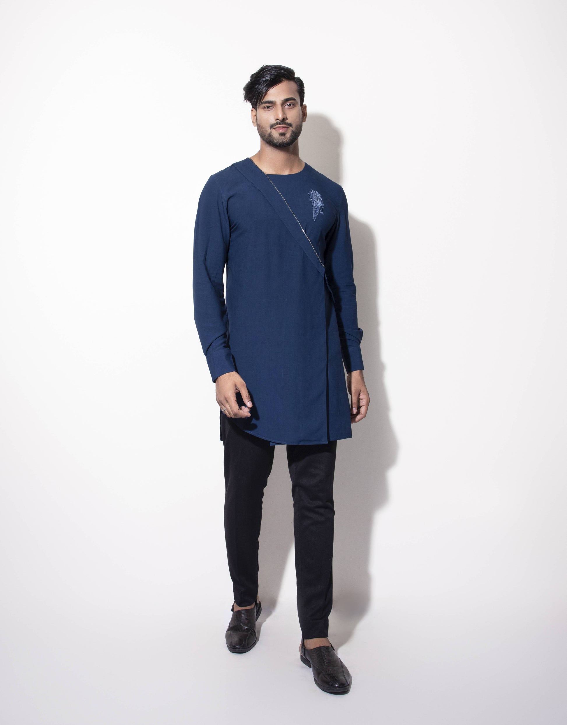 Asymmetric Diagonal Flap Kurta with Patch Embroidery Detail - Arimi - House Of Design