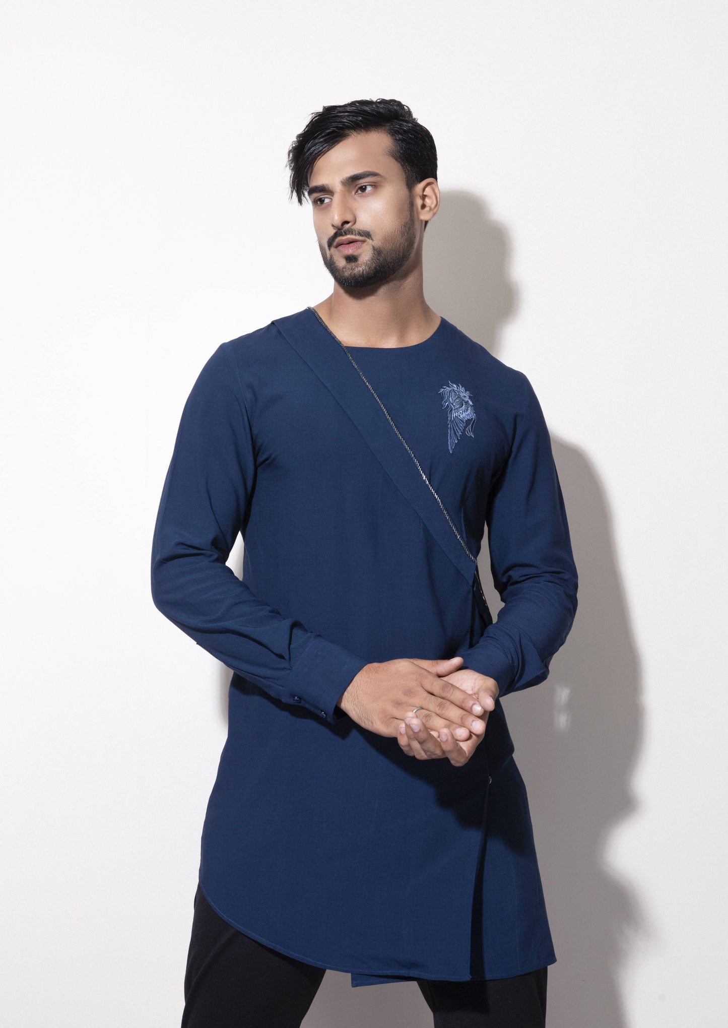 Asymmetric Diagonal Flap Kurta with Patch Embroidery Detail - Arimi - House Of Design