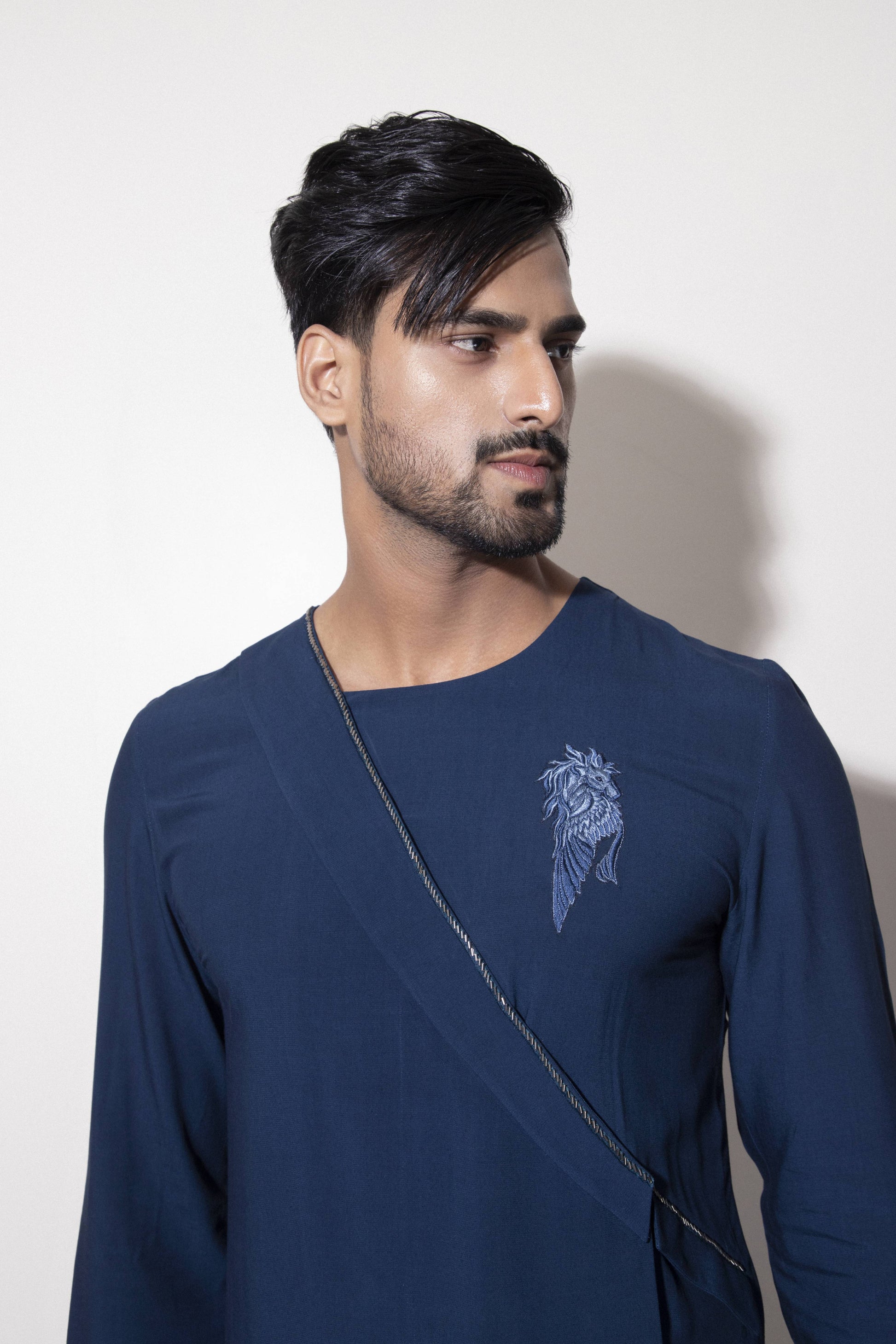 Asymmetric Diagonal Flap Kurta with Patch Embroidery Detail - Arimi - House Of Design