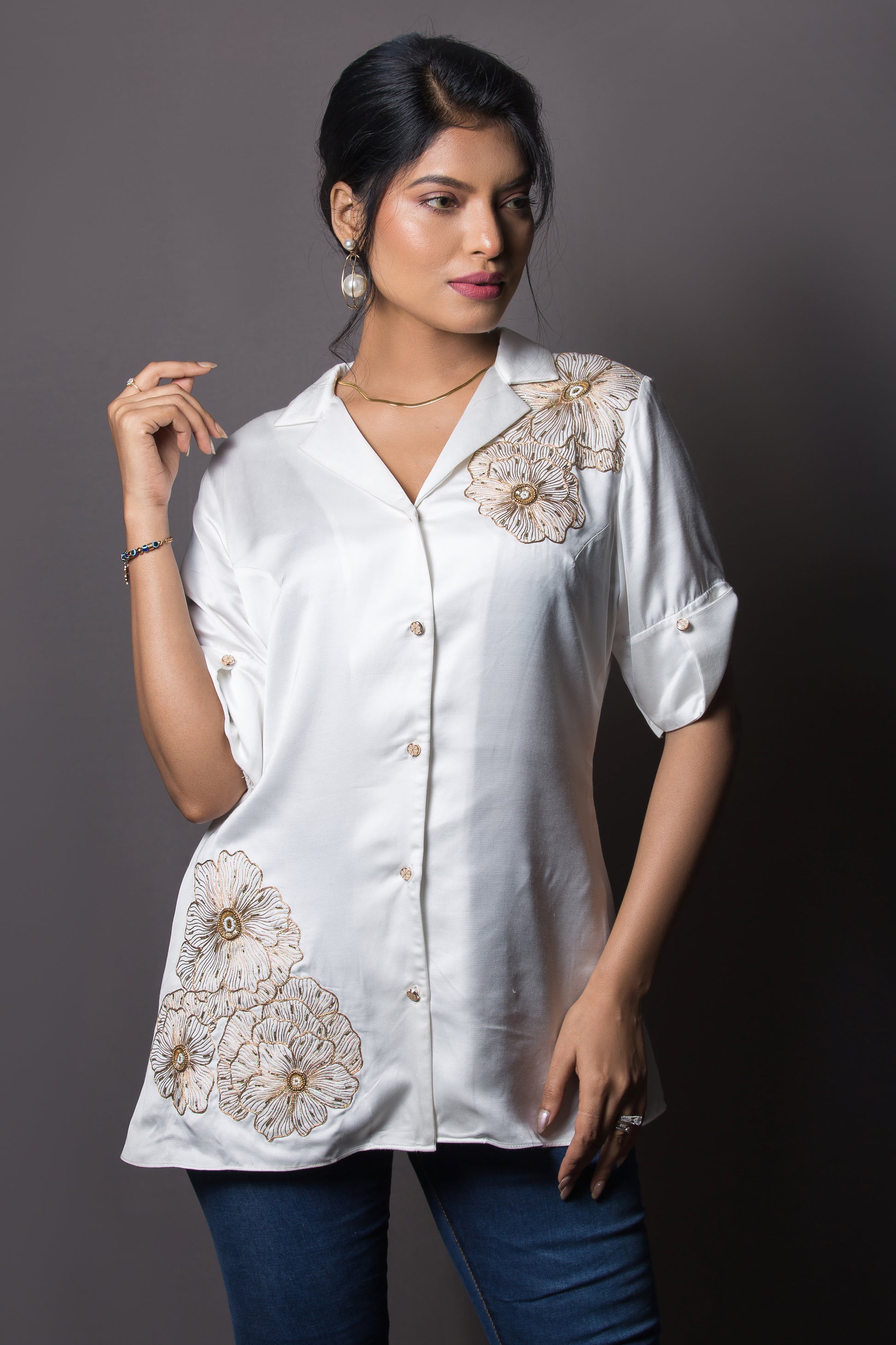 Shoulder and hem floral embroided shirt - Arimi - House Of Design