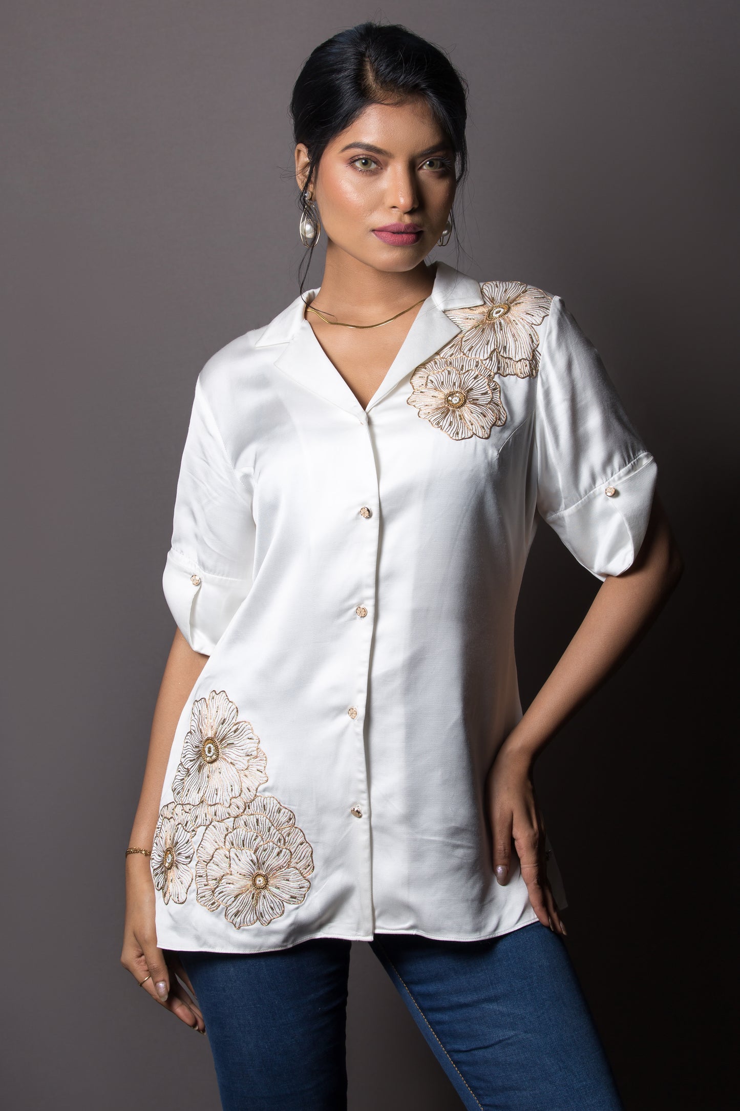 Shoulder and hem floral embroided shirt - Arimi - House Of Design