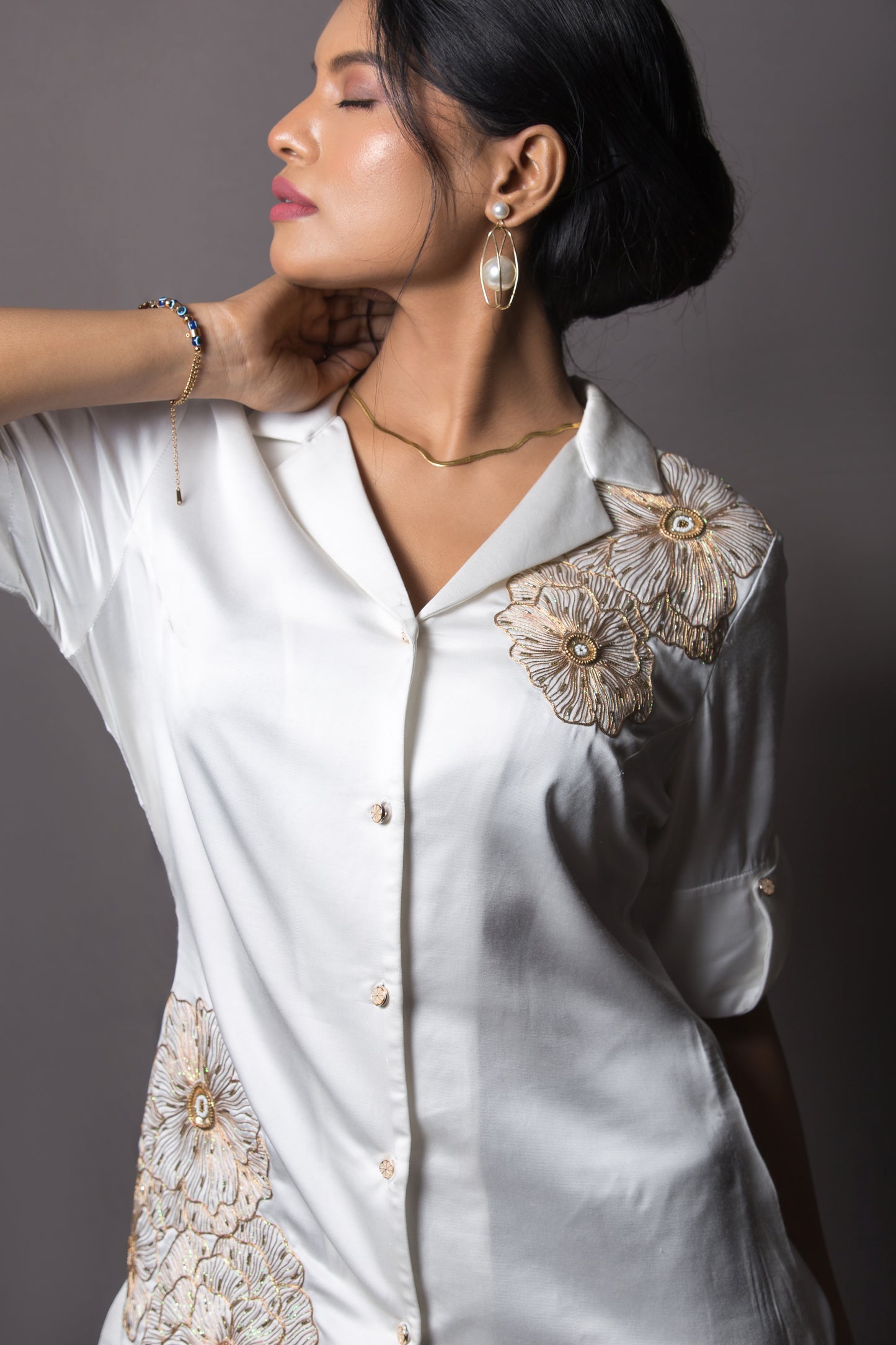 Shoulder and hem floral embroided shirt - Arimi - House Of Design