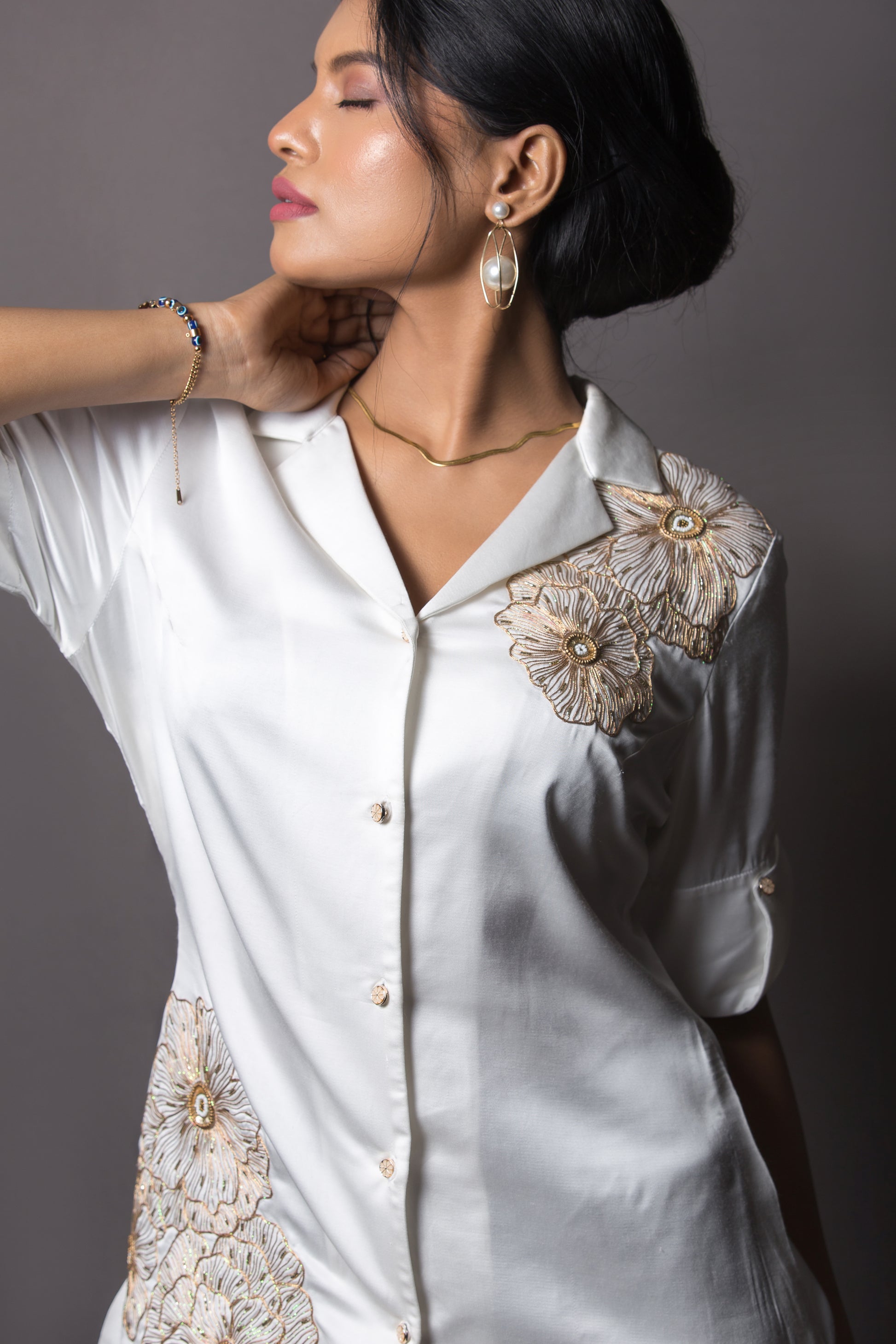 Shoulder and hem floral embroided shirt - Arimi - House Of Design