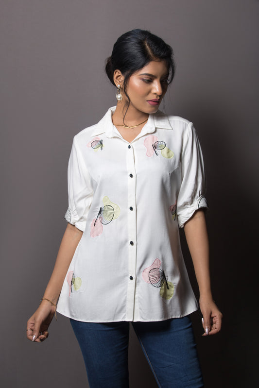 White handfan embroidered shirt - Arimi - House Of Design