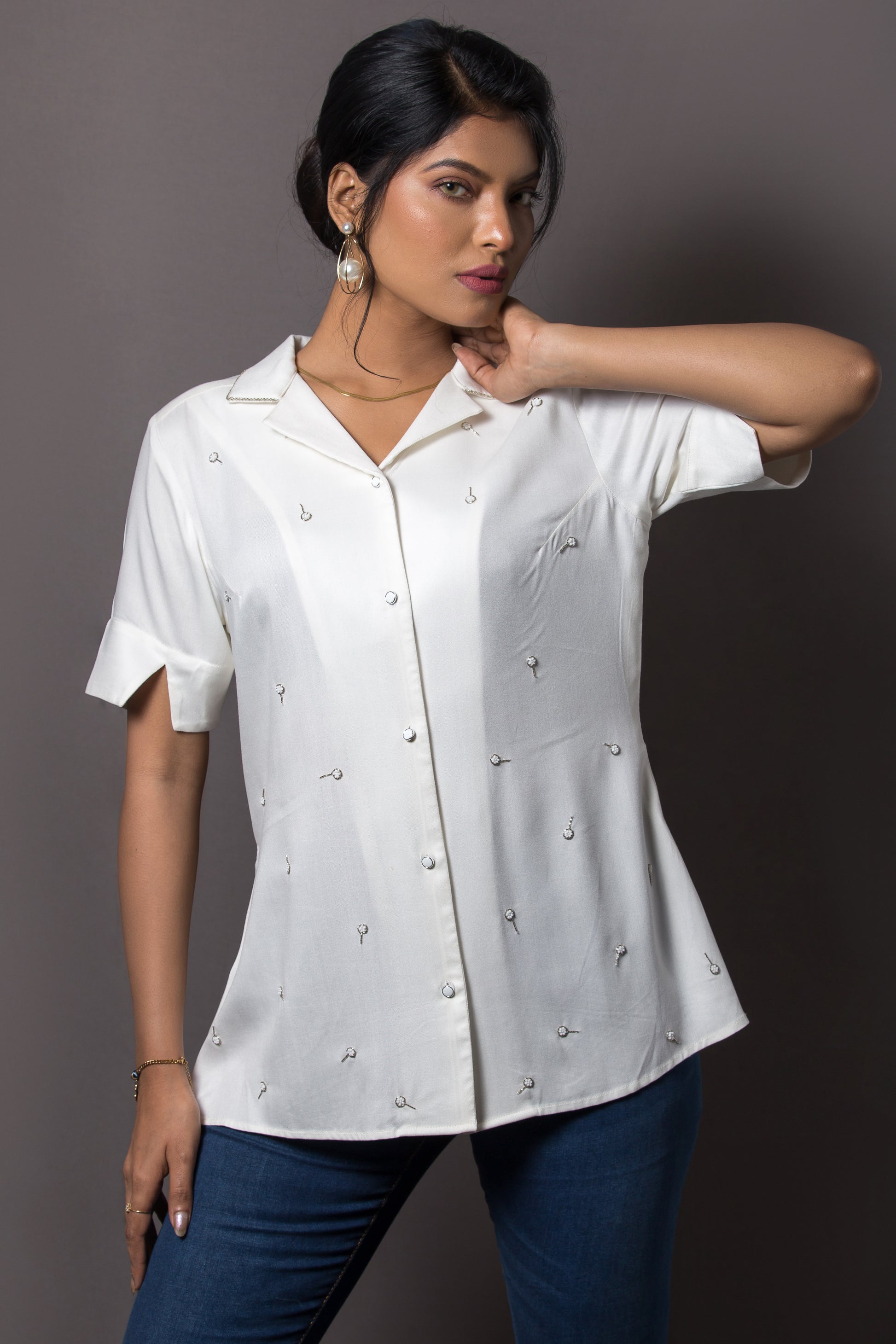 Allover chita embroidery shirt - Arimi - House Of Design