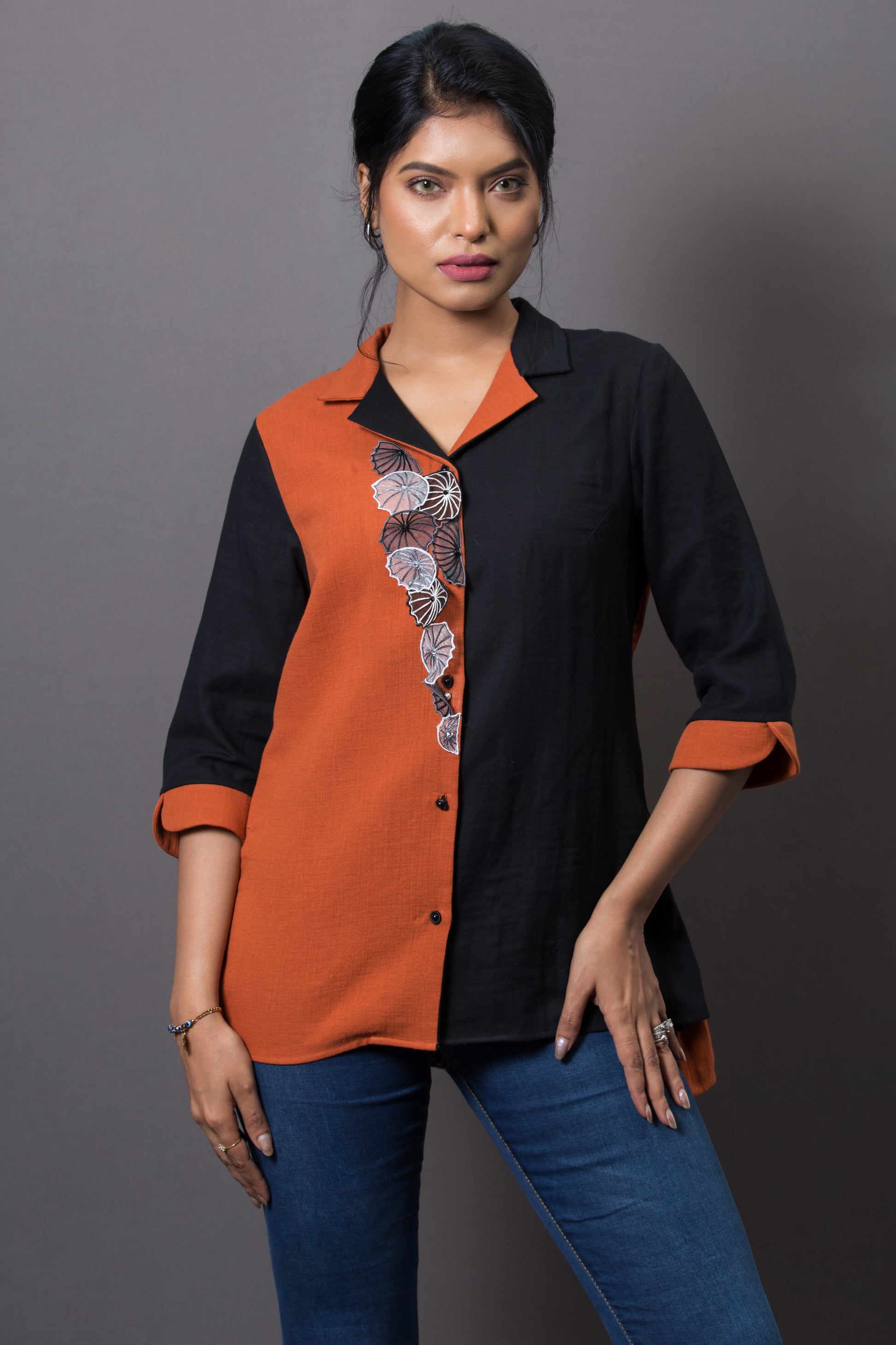 Umbrella Embroidered Dual Color Shirt - Arimi - House Of Design
