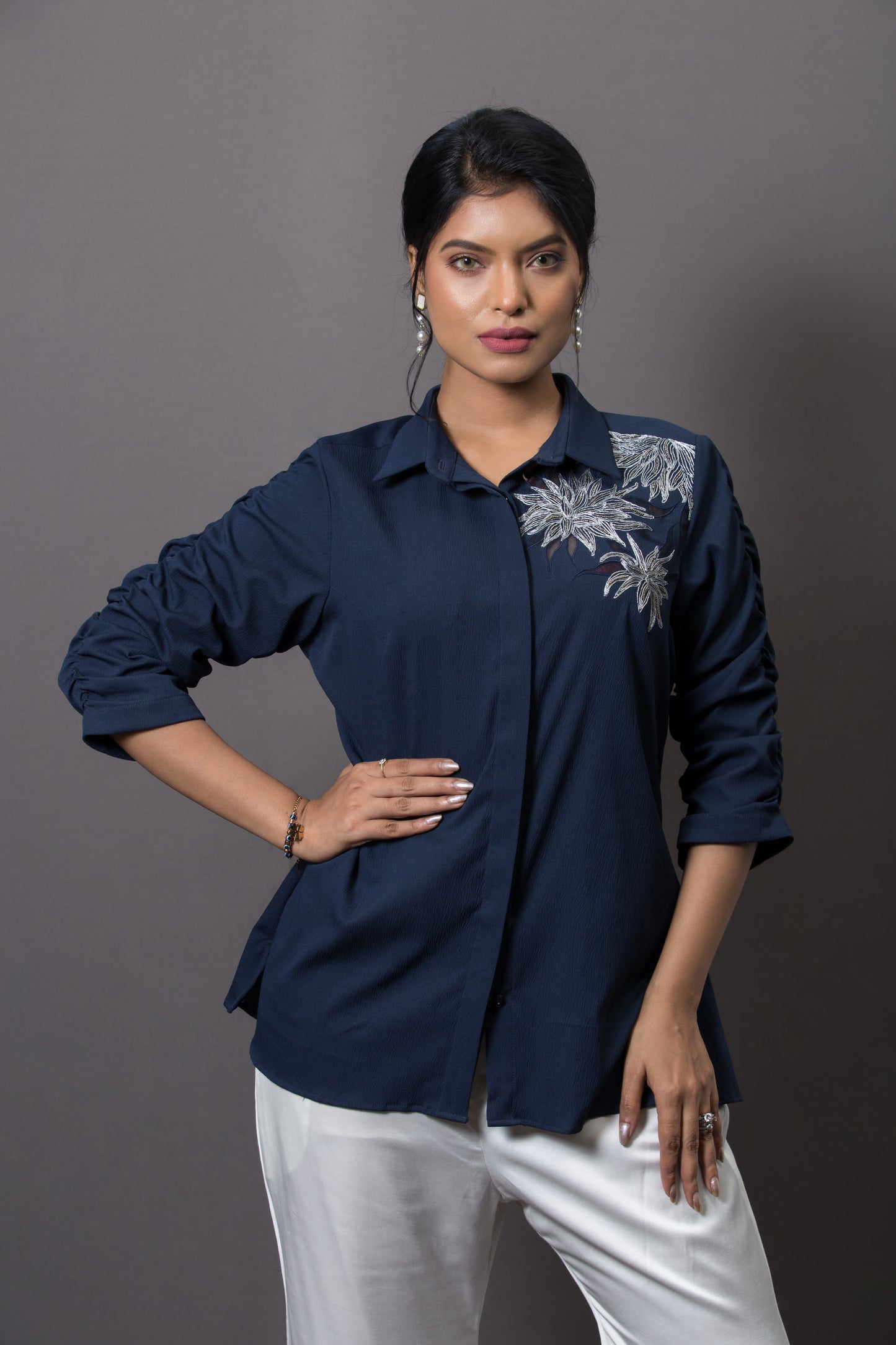 Single shoulder floral embroidered shirt - Arimi - House Of Design