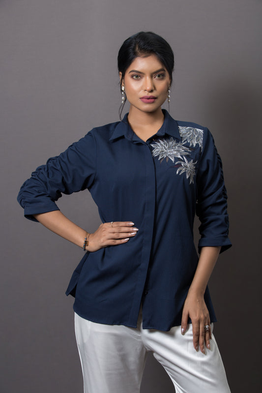 Single shoulder floral embroidered shirt - Arimi - House Of Design