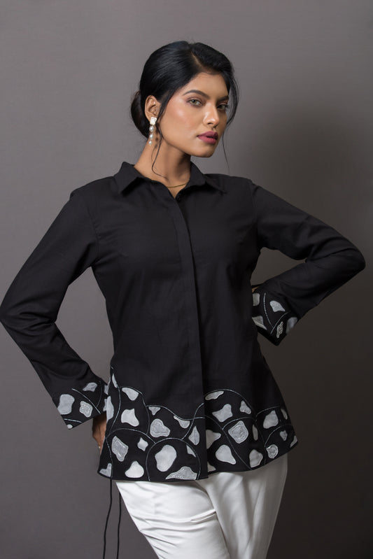Hemline Accent Embroidered Shirt Black