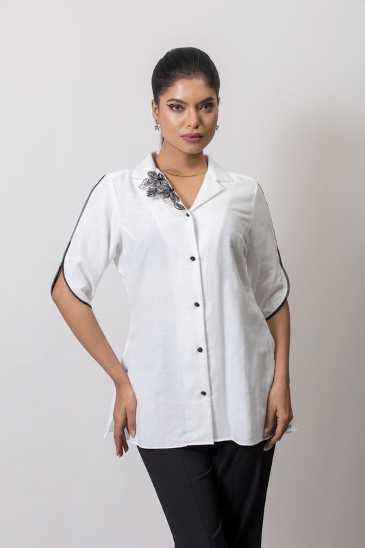 Patch Embroidered Cuban Collar Shirt - Arimi - House Of Design