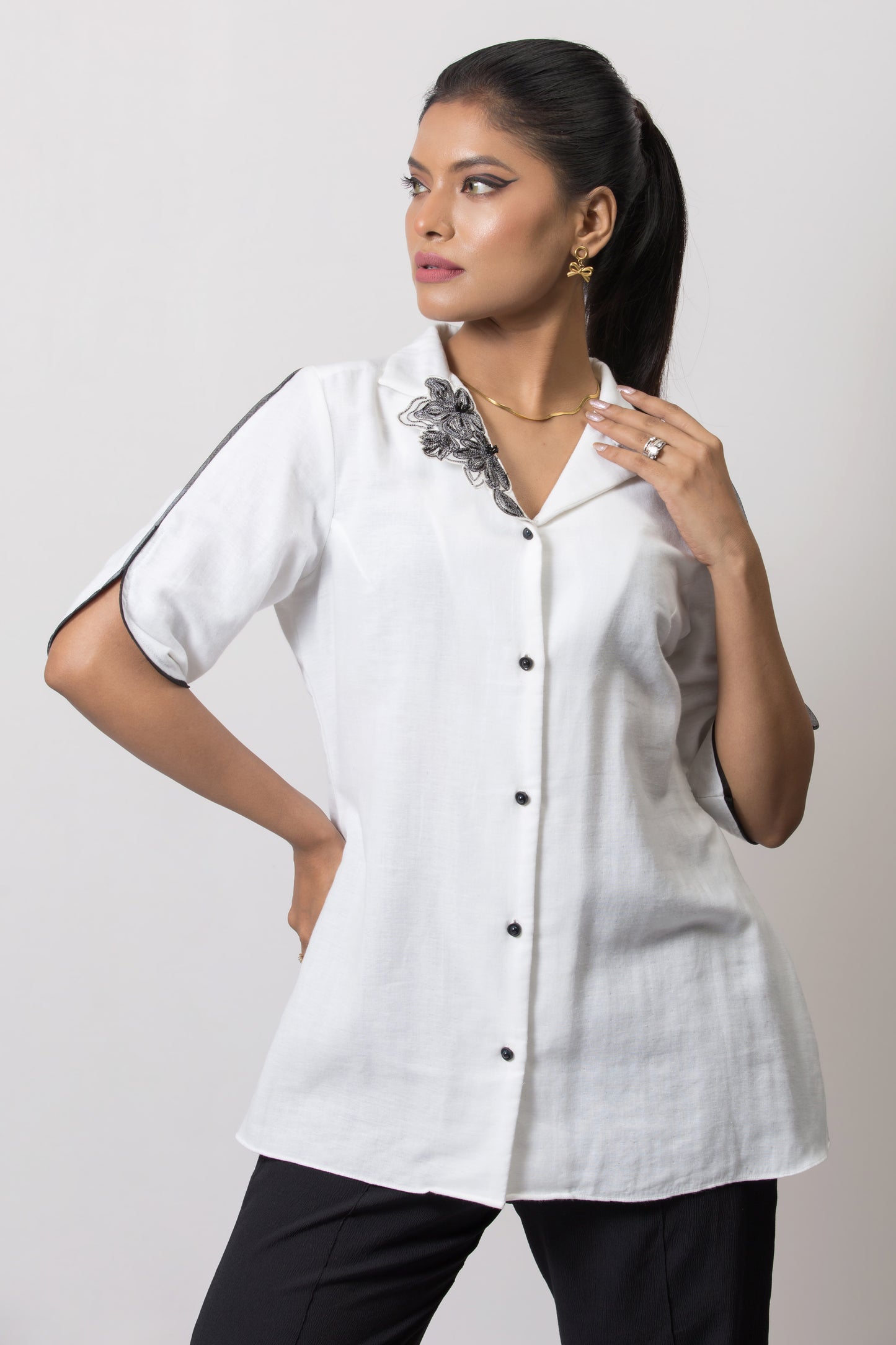 Patch Embroidered Cuban Collar Shirt - Arimi - House Of Design