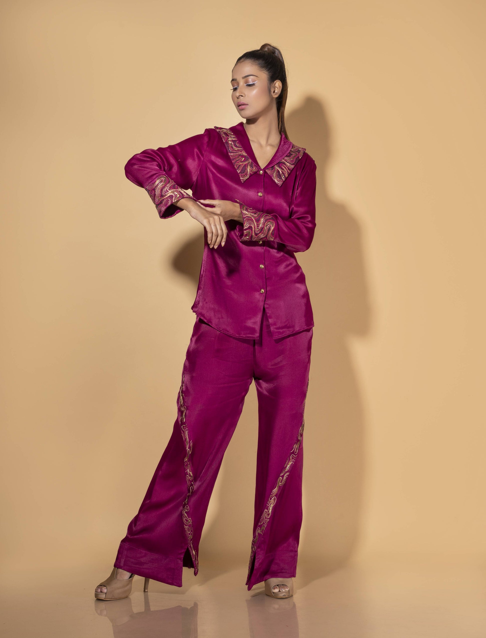 Double Collar Embroidered  Co-ord Set - Arimi - House Of Design