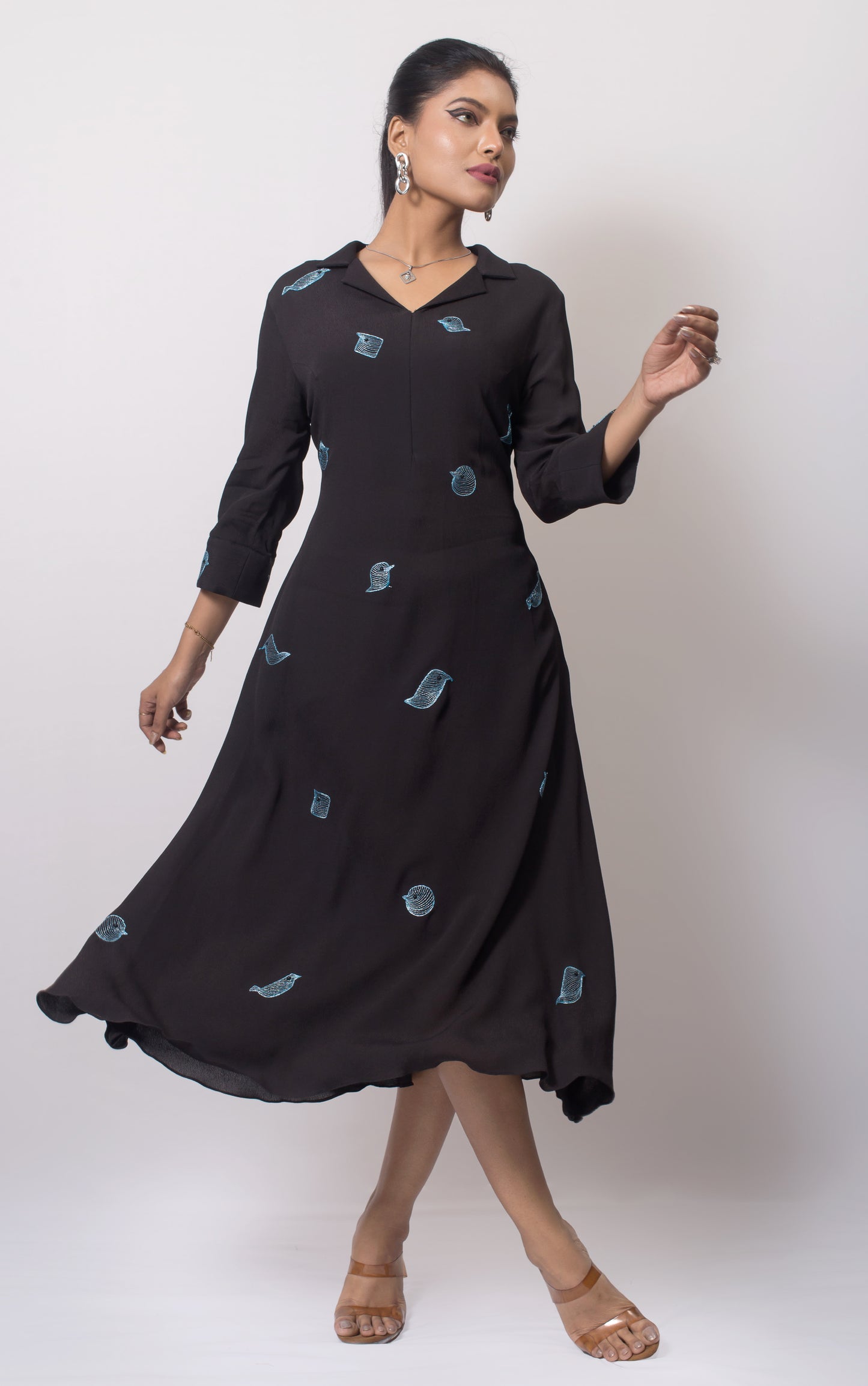 Bird Placement Embroiery  A-Line Dress (Gold Zari Bird Embroiery / Blue Zari Bird Embroiery) - Arimi - House Of Design