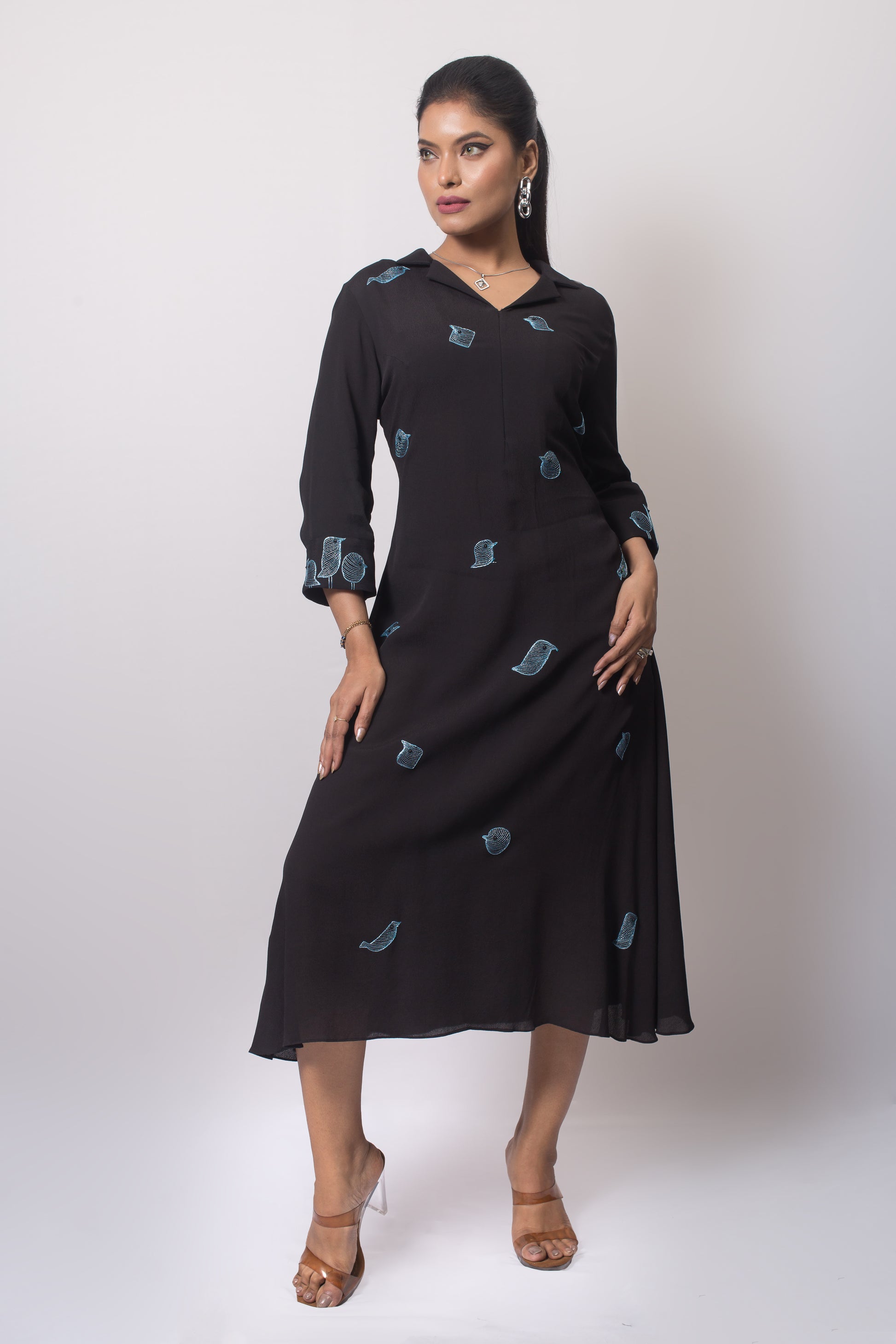 Bird Placement Embroiery  A-Line Dress (Gold Zari Bird Embroiery / Blue Zari Bird Embroiery) - Arimi - House Of Design