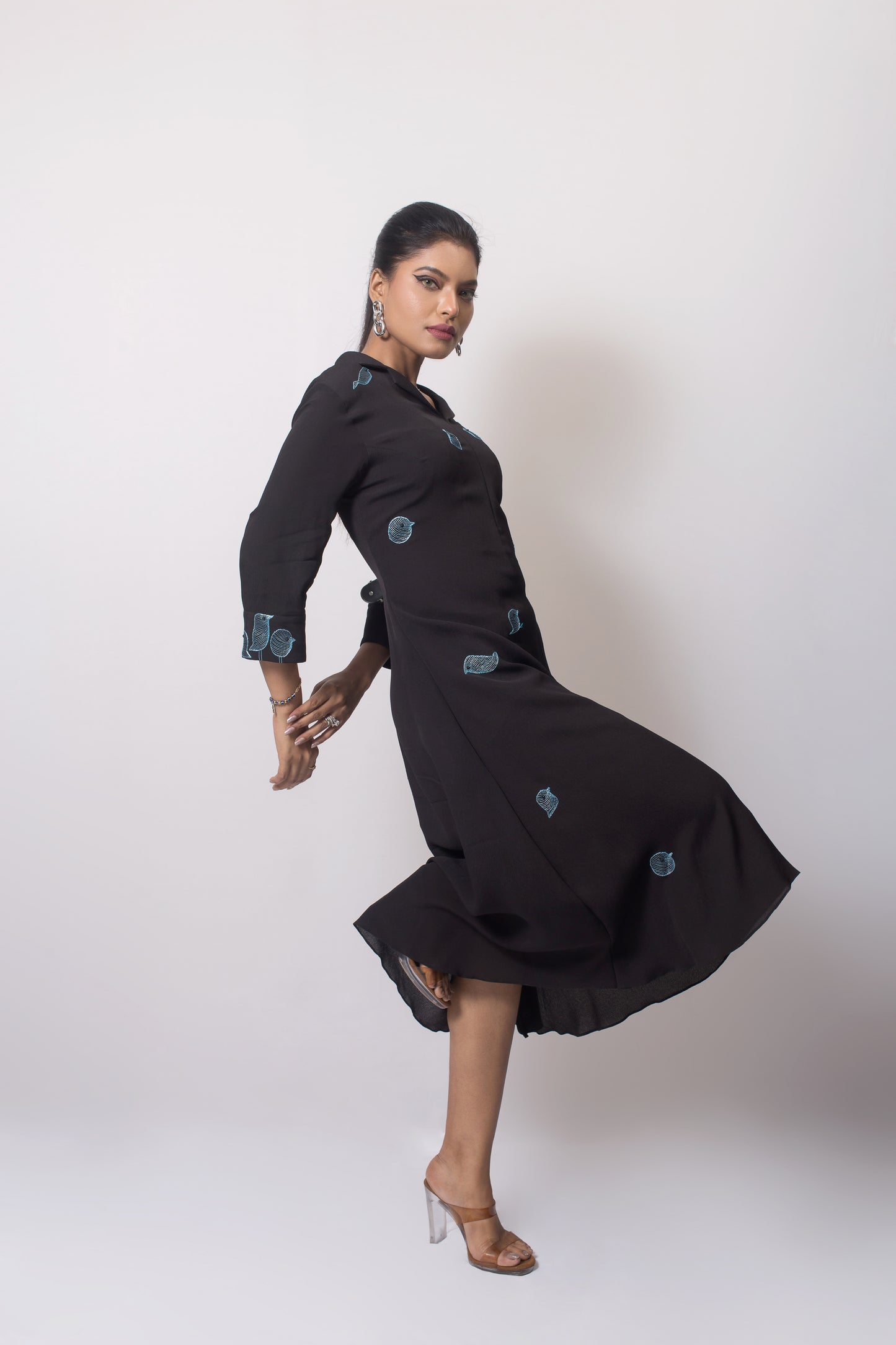 Bird Placement Embroiery  A-Line Dress (Gold Zari Bird Embroiery / Blue Zari Bird Embroiery) - Arimi - House Of Design