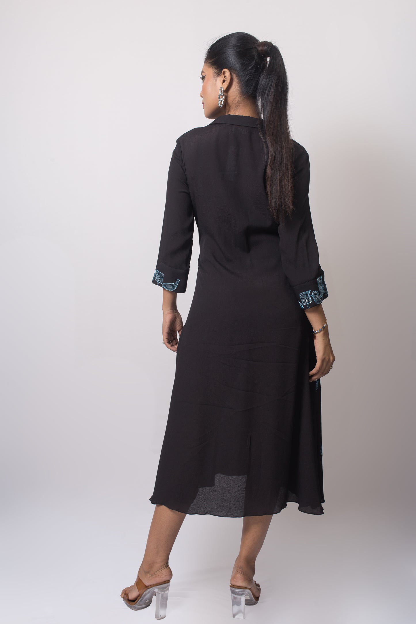 Bird Placement Embroiery  A-Line Dress (Gold Zari Bird Embroiery / Blue Zari Bird Embroiery) - Arimi - House Of Design