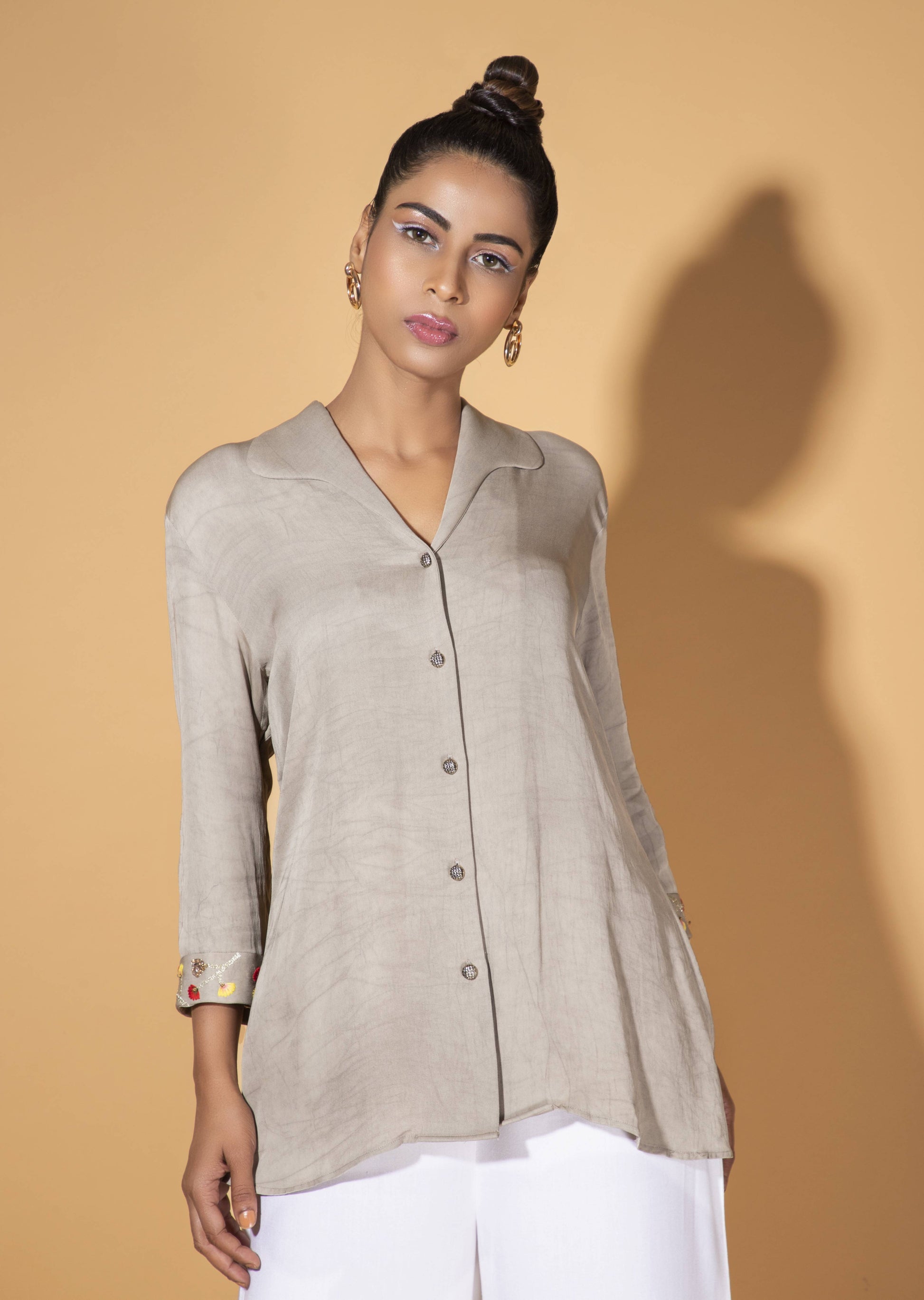 Floral Embroidered Curvilinear Collar Co-ord Set - Arimi - House Of Design