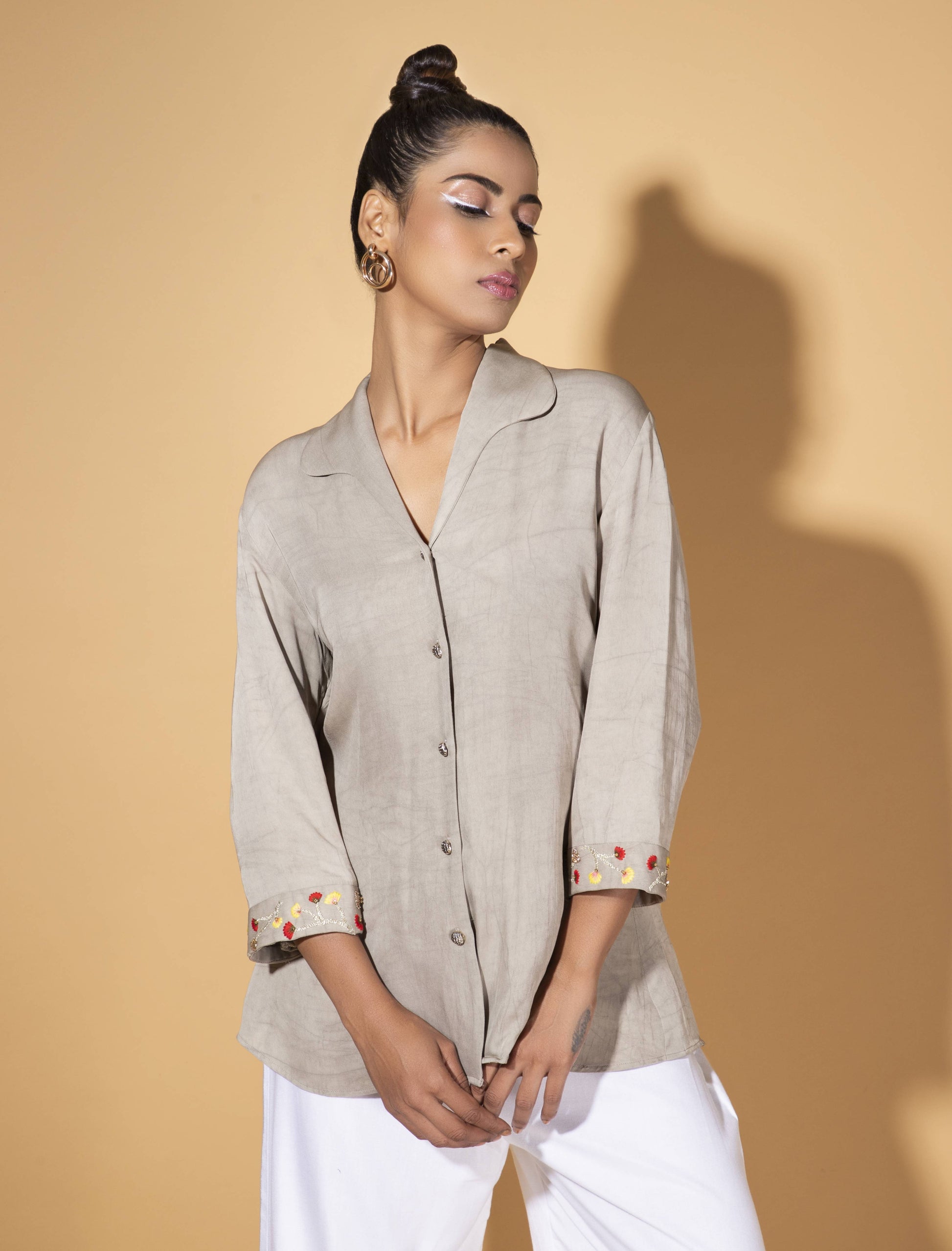 Floral Embroidered Curvilinear Collar Co-ord Set - Arimi - House Of Design