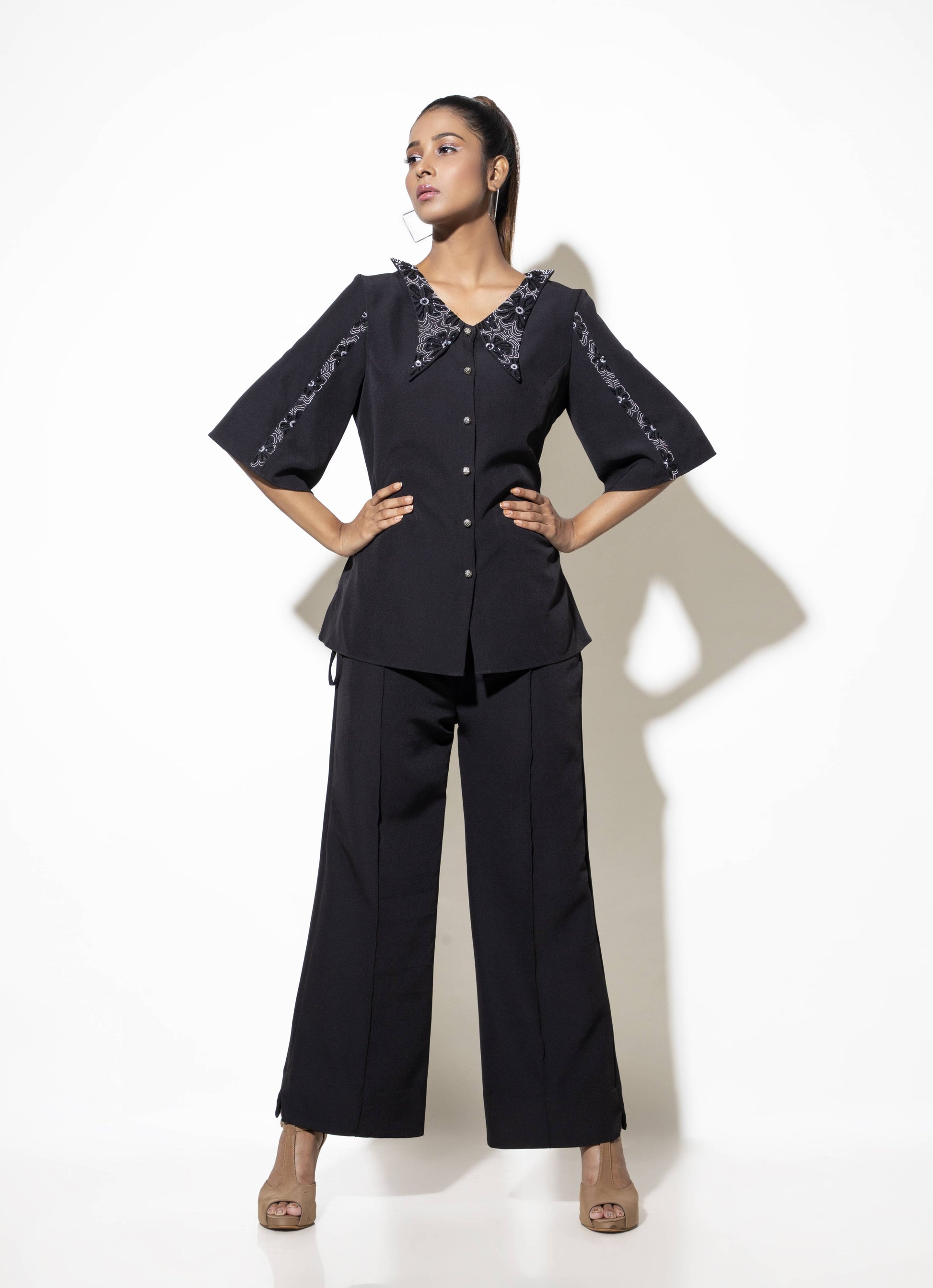 Butterfly Collar Co-ord Set with Embroidered Flare Sleeves - Arimi - House Of Design