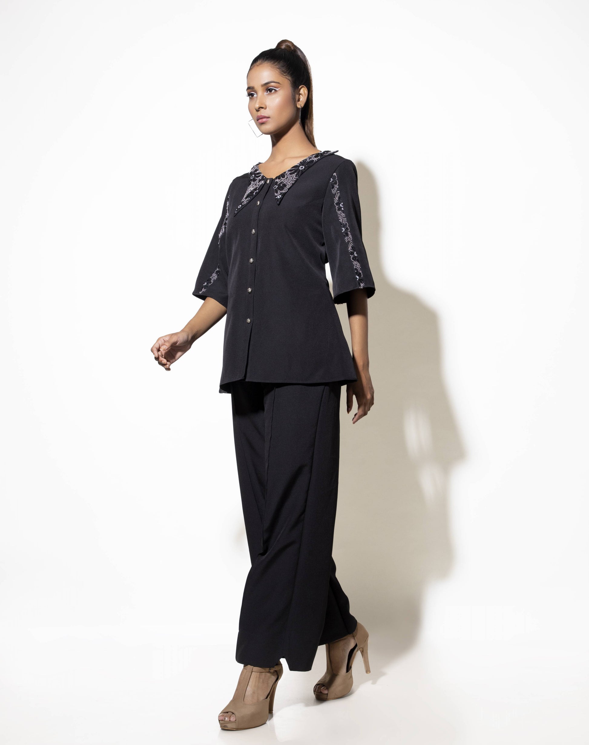 Butterfly Collar Co-ord Set with Embroidered Flare Sleeves - Arimi - House Of Design